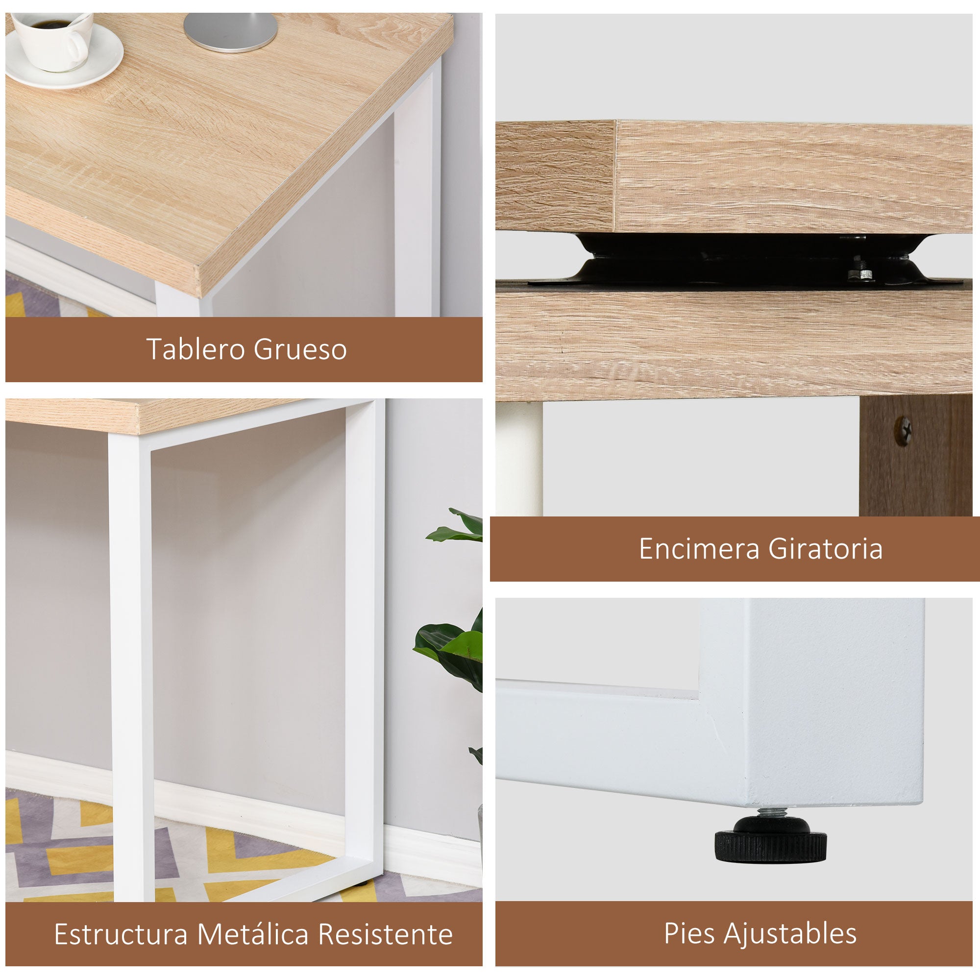 Secretária em Forma de L com Mesa Giratória de 360º - 220x55x76 cm - Cor Carvalho