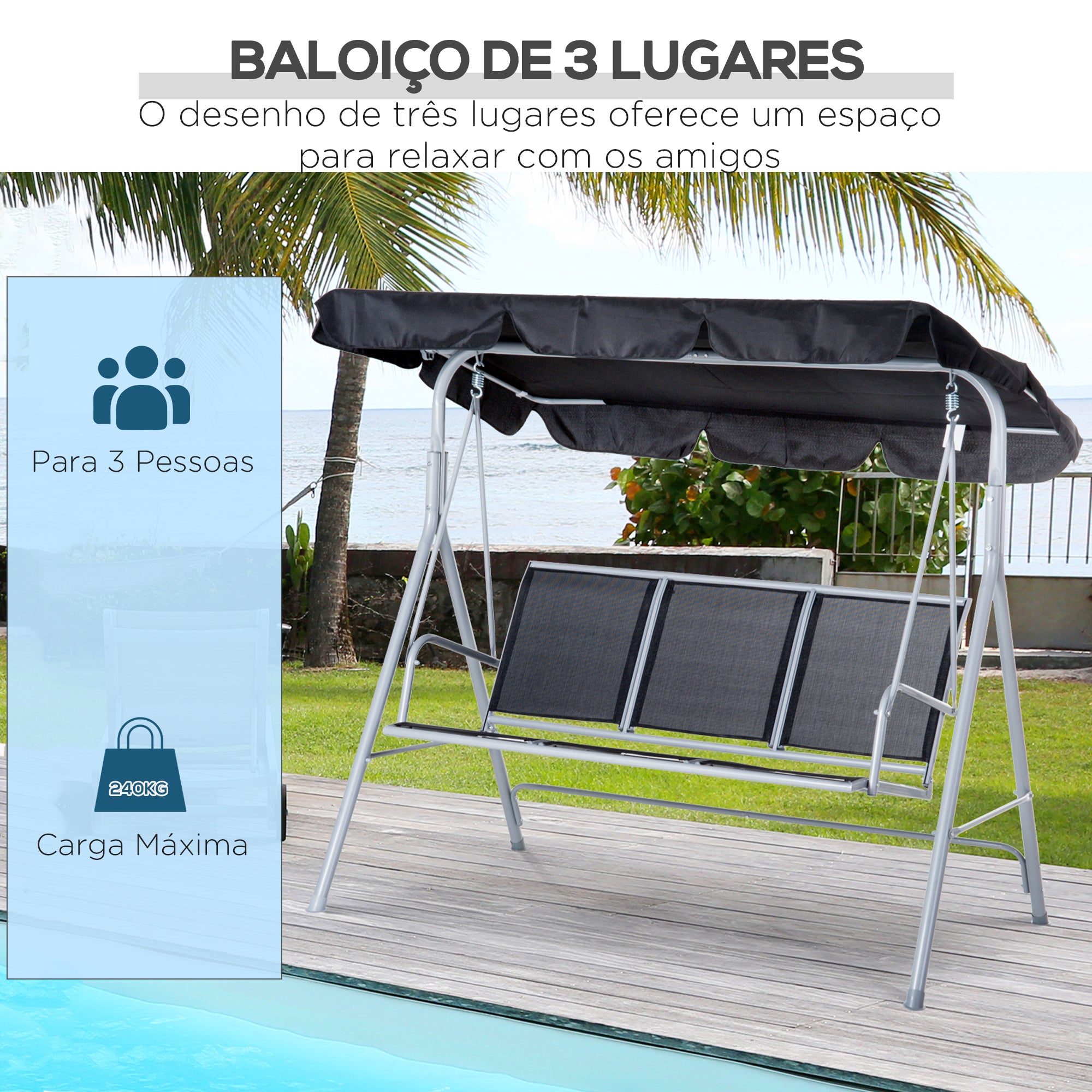 Baloiço Jardim 3 Lugares Preto 171x108x154cm