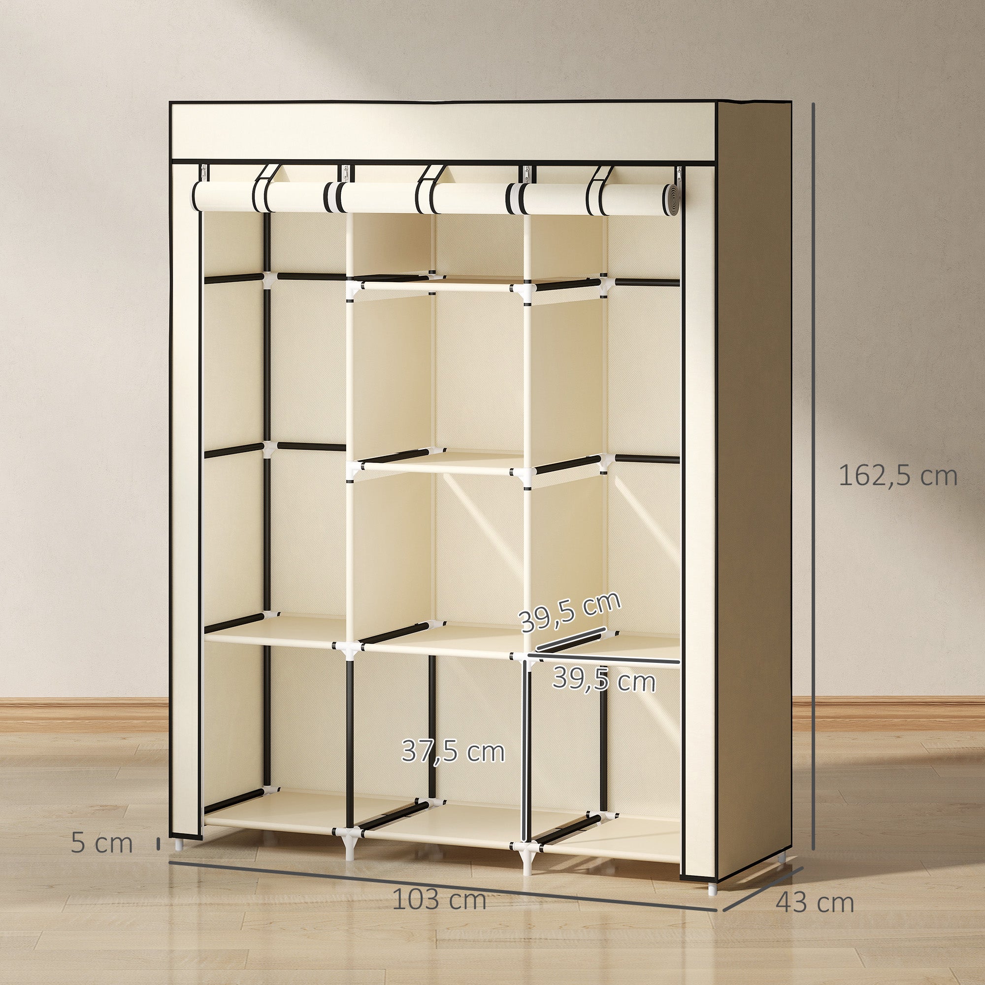 Roupeiro de Tecido Dobrável Armário Portátil 125x43x162,5cm - Creme Branco