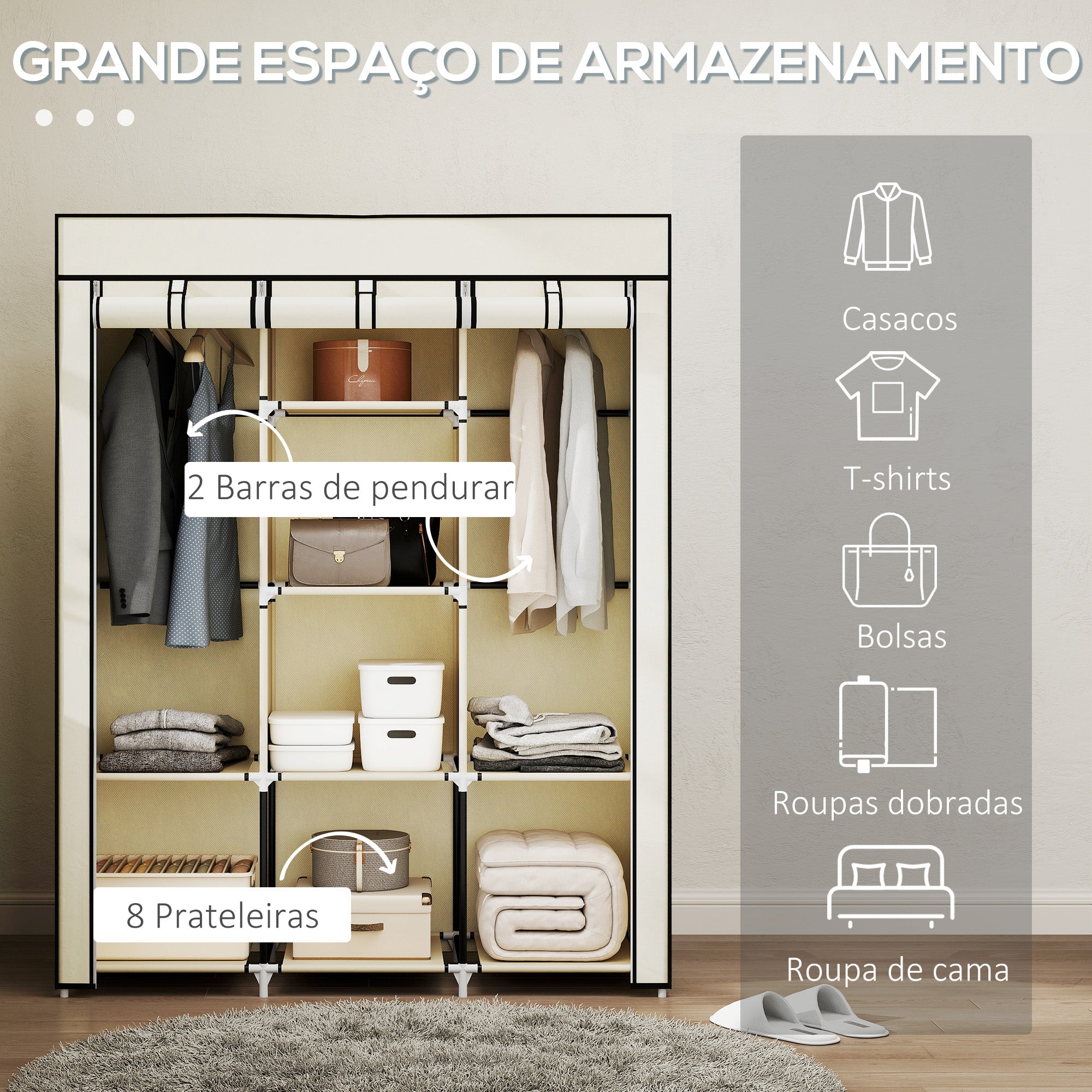 Roupeiro de Tecido Dobrável Armário Portátil 125x43x162,5cm - Creme Branco