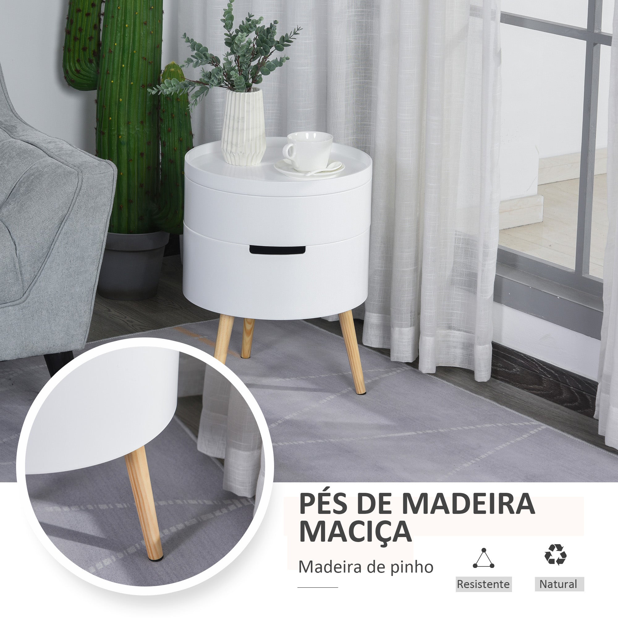 Mesa Auxiliar Moderna Branca com 3 Níveis e Pés de Madeira - Ø38x48,3 cm