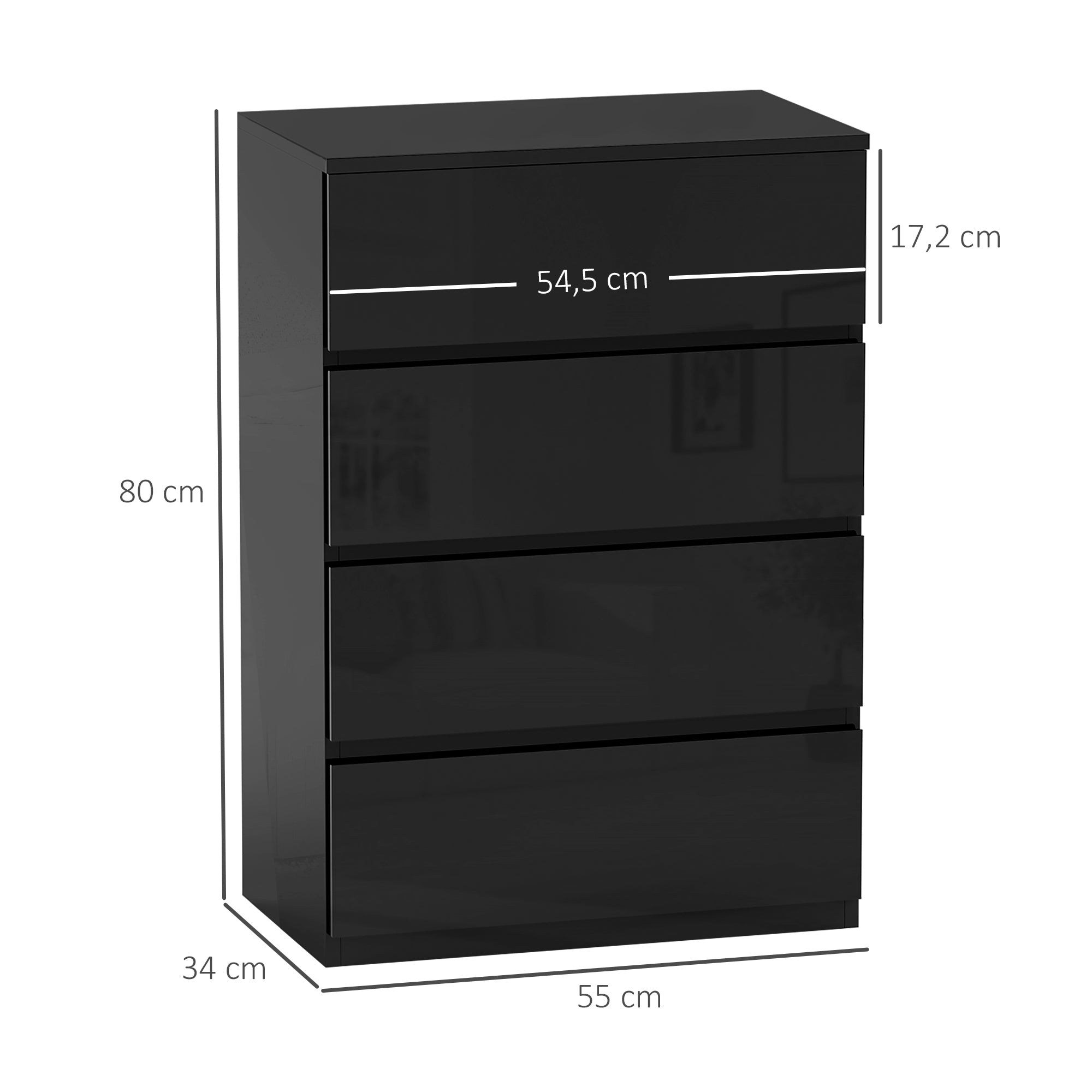 Cómoda de Madeira com 4 Gavetas - 55x34x80 cm - Preto