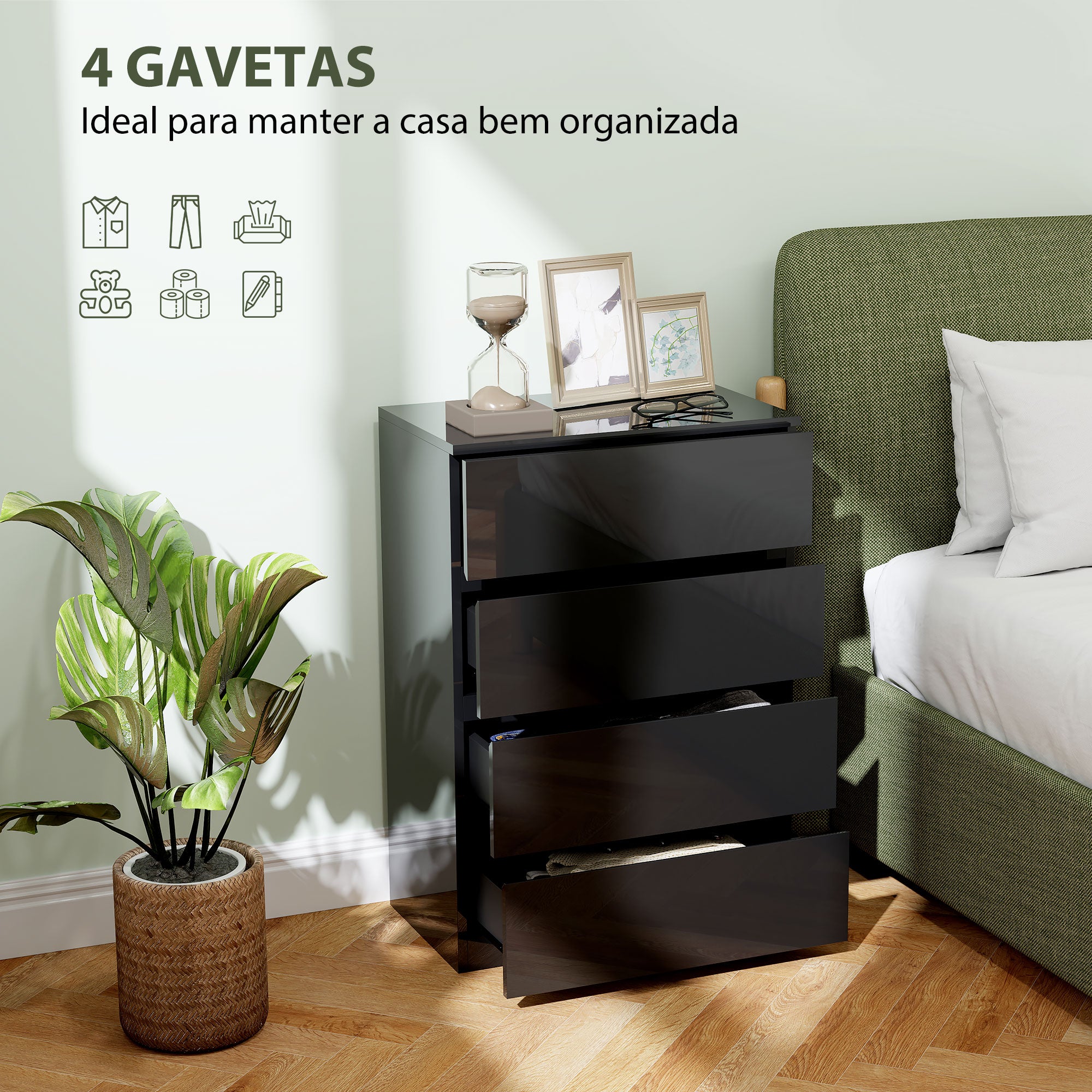 Cómoda de Madeira com 4 Gavetas - 55x34x80 cm - Preto