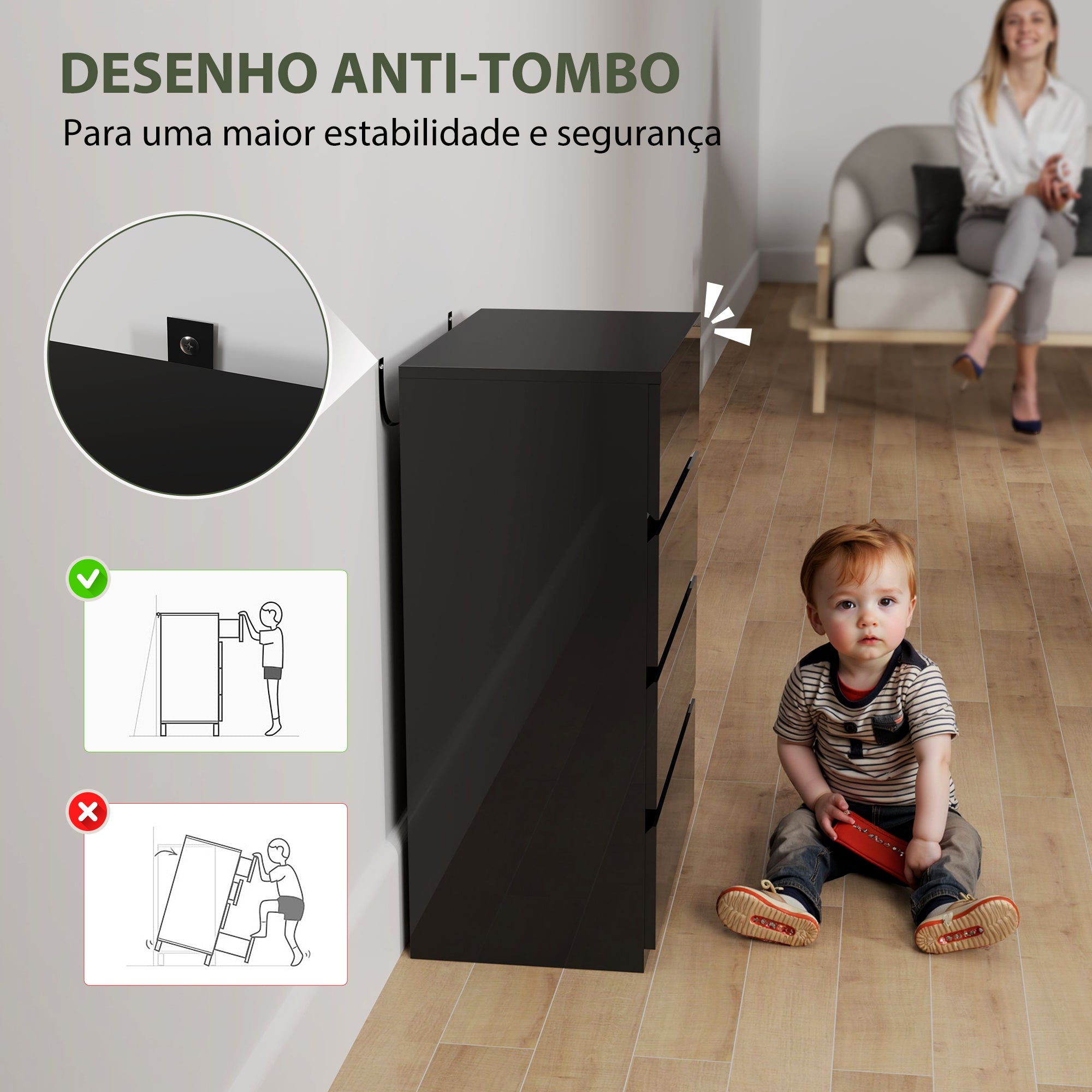 Cómoda de Madeira com 4 Gavetas - 55x34x80 cm - Preto
