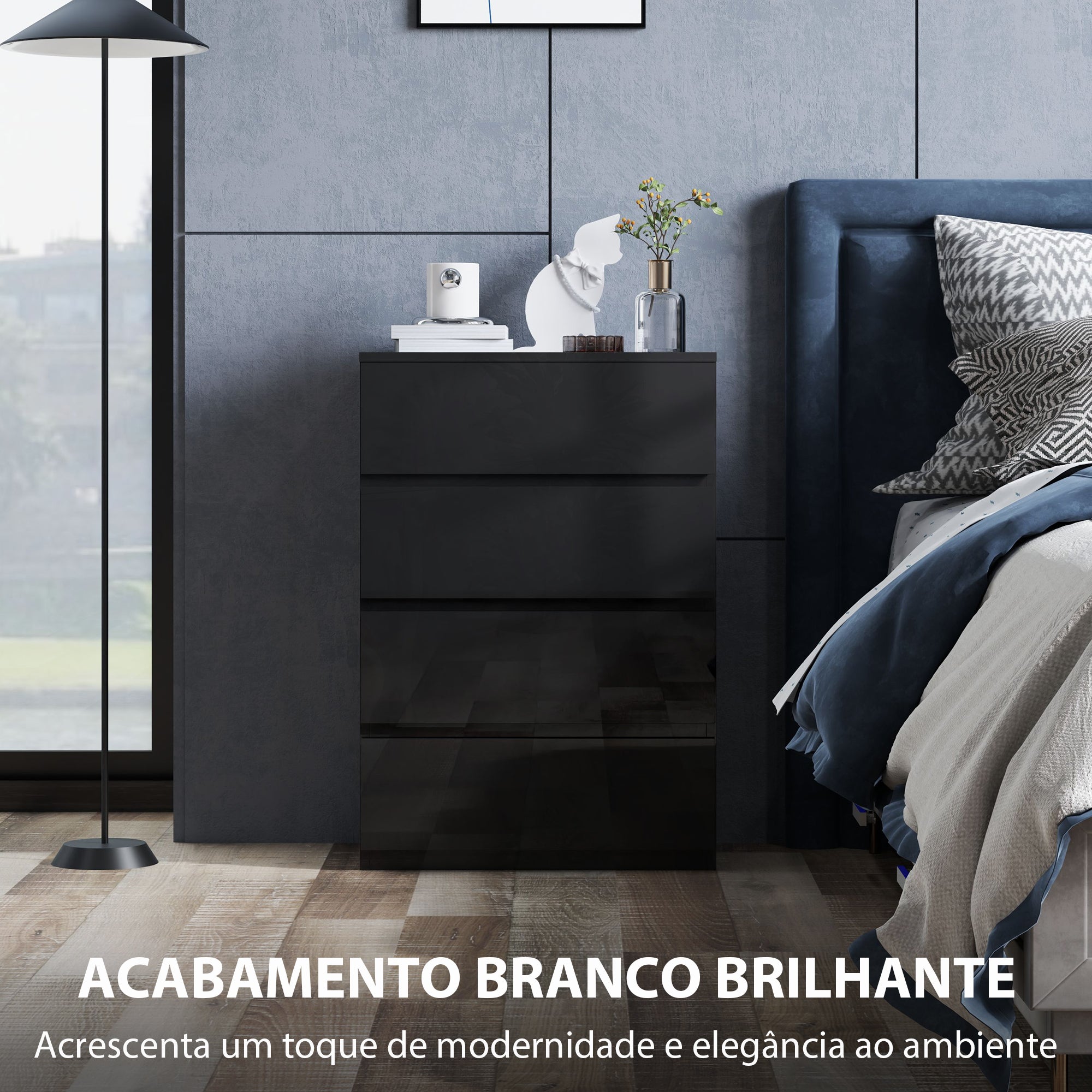 Cómoda de Madeira com 4 Gavetas - 55x34x80 cm - Preto