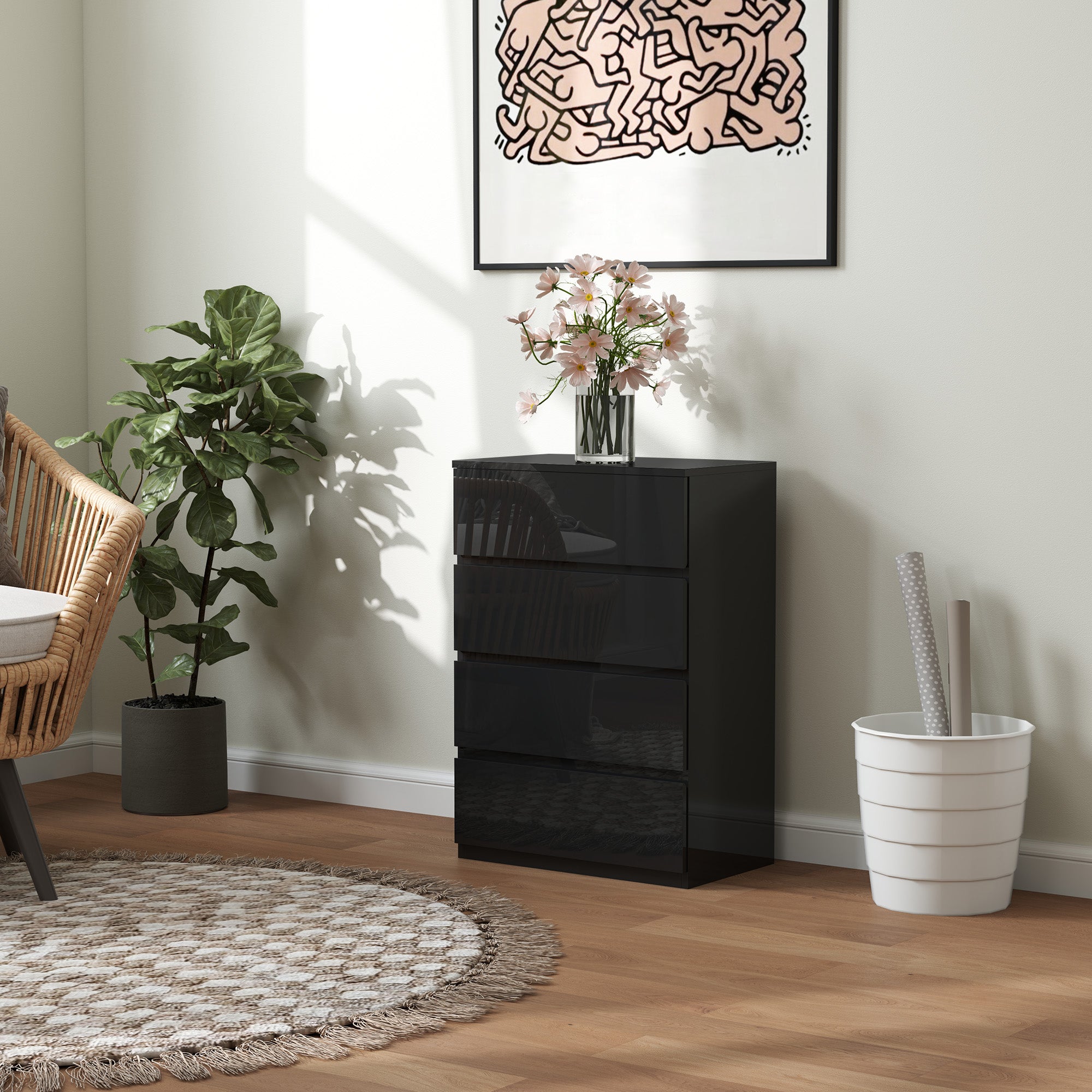 Cómoda de Madeira com 4 Gavetas - 55x34x80 cm - Preto