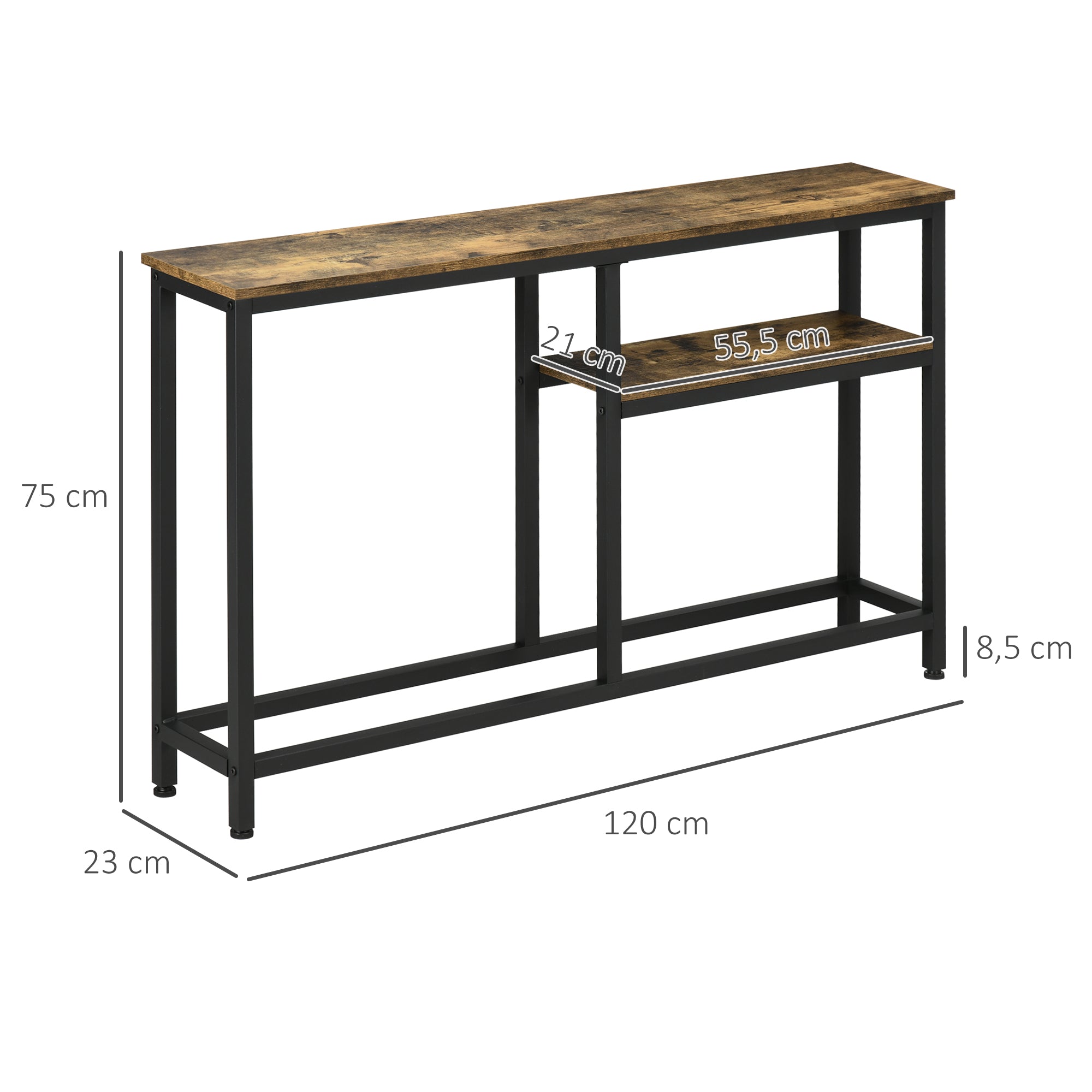 Mesa Consola Industrial com Prateleiras Abertas 120x23x75 cm - Castanho