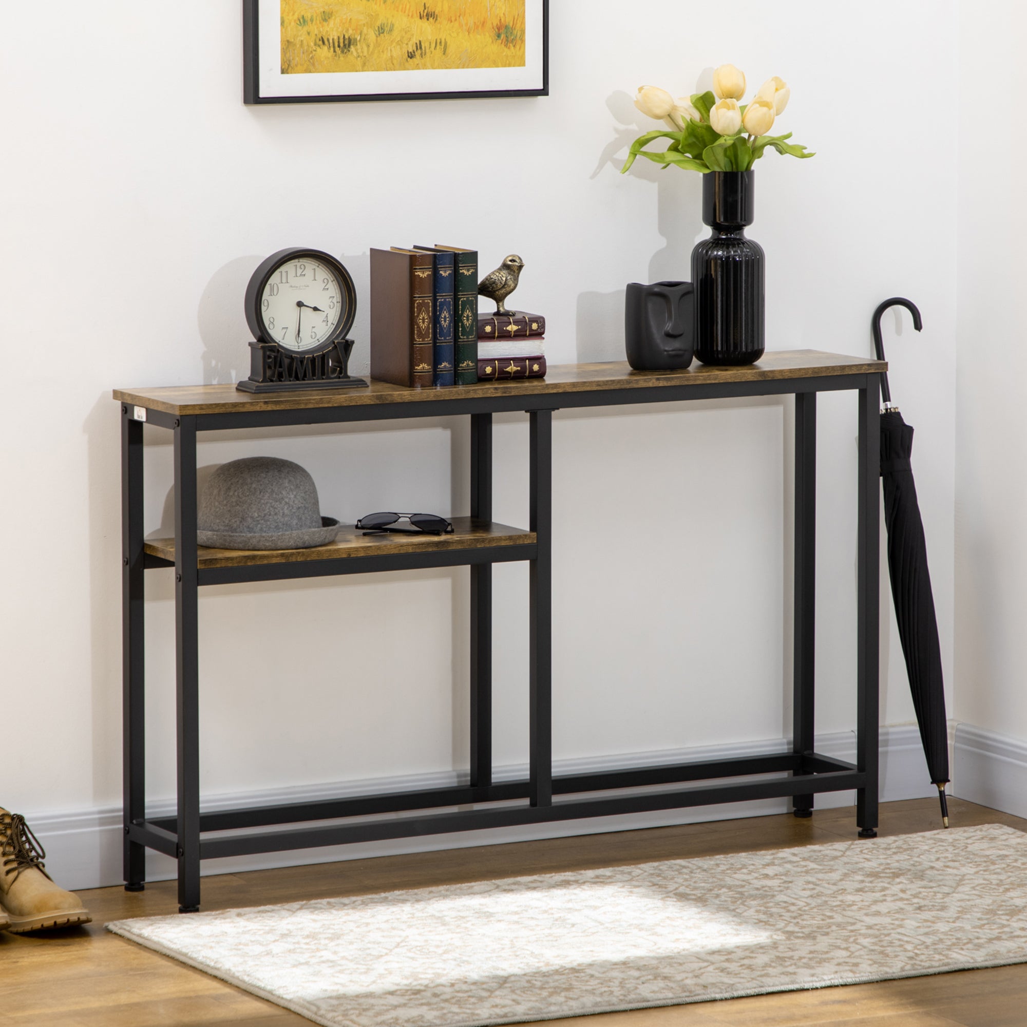 Mesa Consola Industrial com Prateleiras Abertas 120x23x75 cm - Castanho