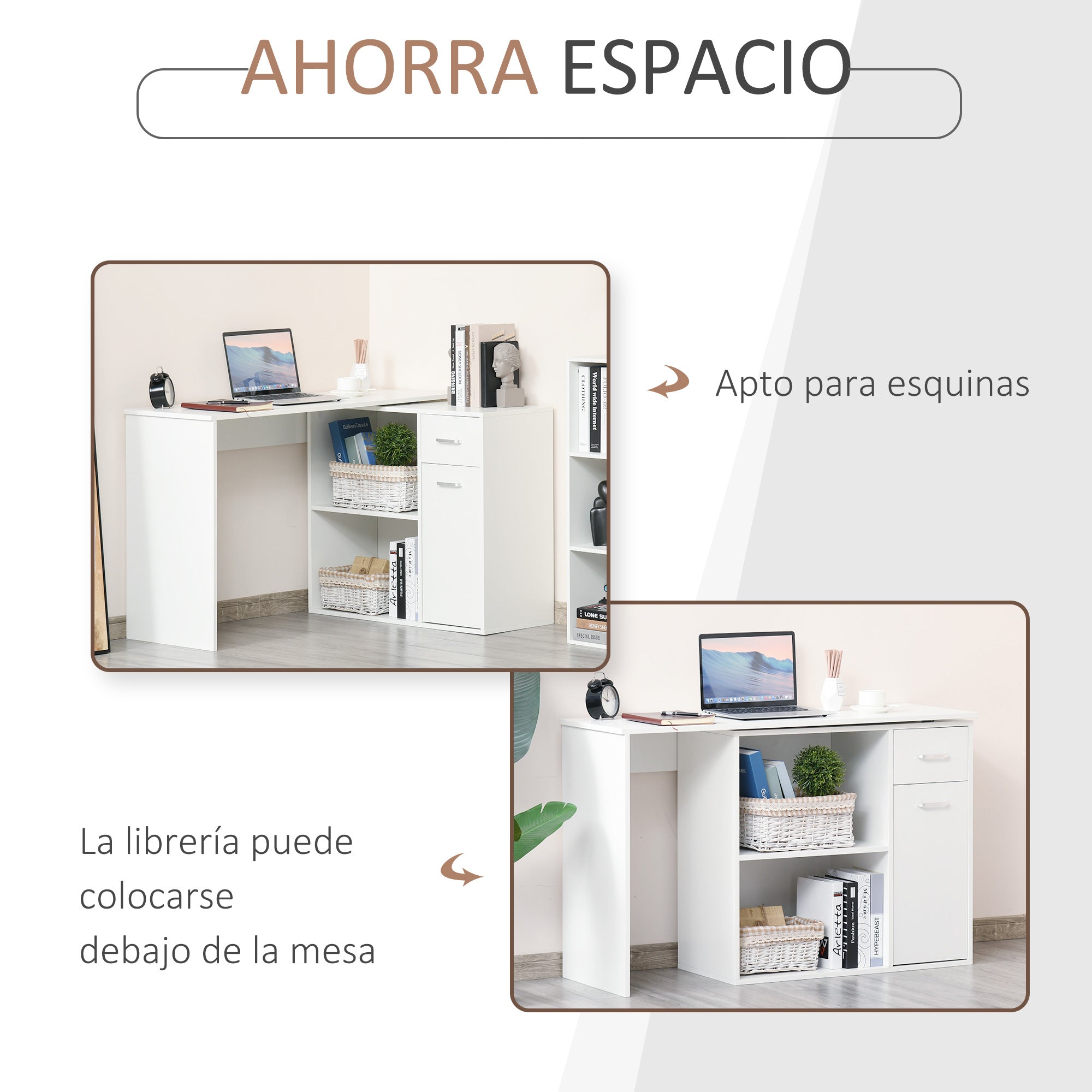 Secretária de Canto Giratória 180º com 2 Prateleiras 1 Gaveta 1 Armário 117x82x74cm Branco