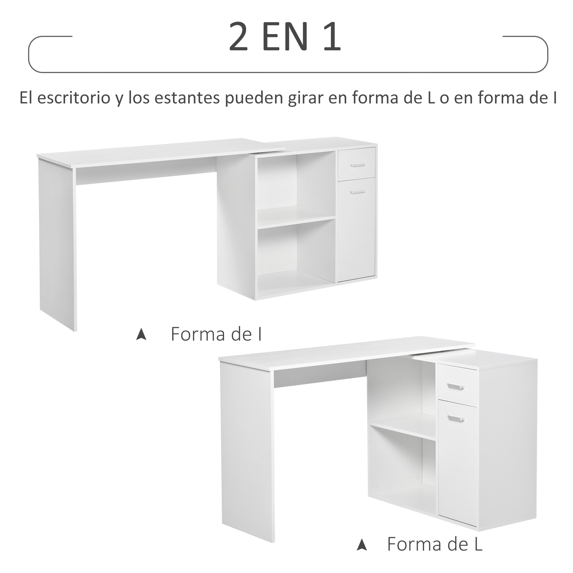 Secretária de Canto Giratória 180º com 2 Prateleiras 1 Gaveta 1 Armário 117x82x74cm Branco