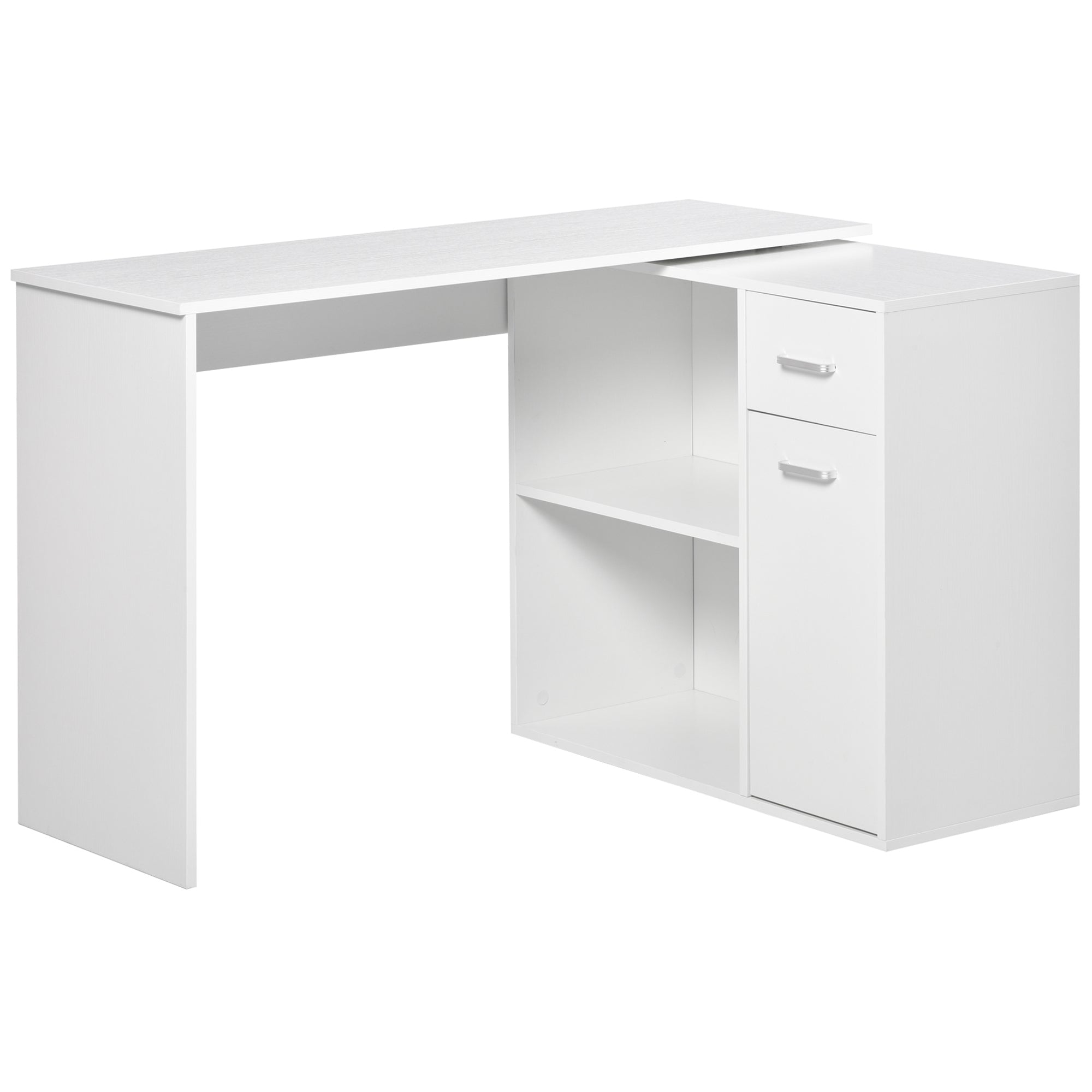 Secretária de Canto Giratória 180º com 2 Prateleiras 1 Gaveta 1 Armário 117x82x74cm Branco