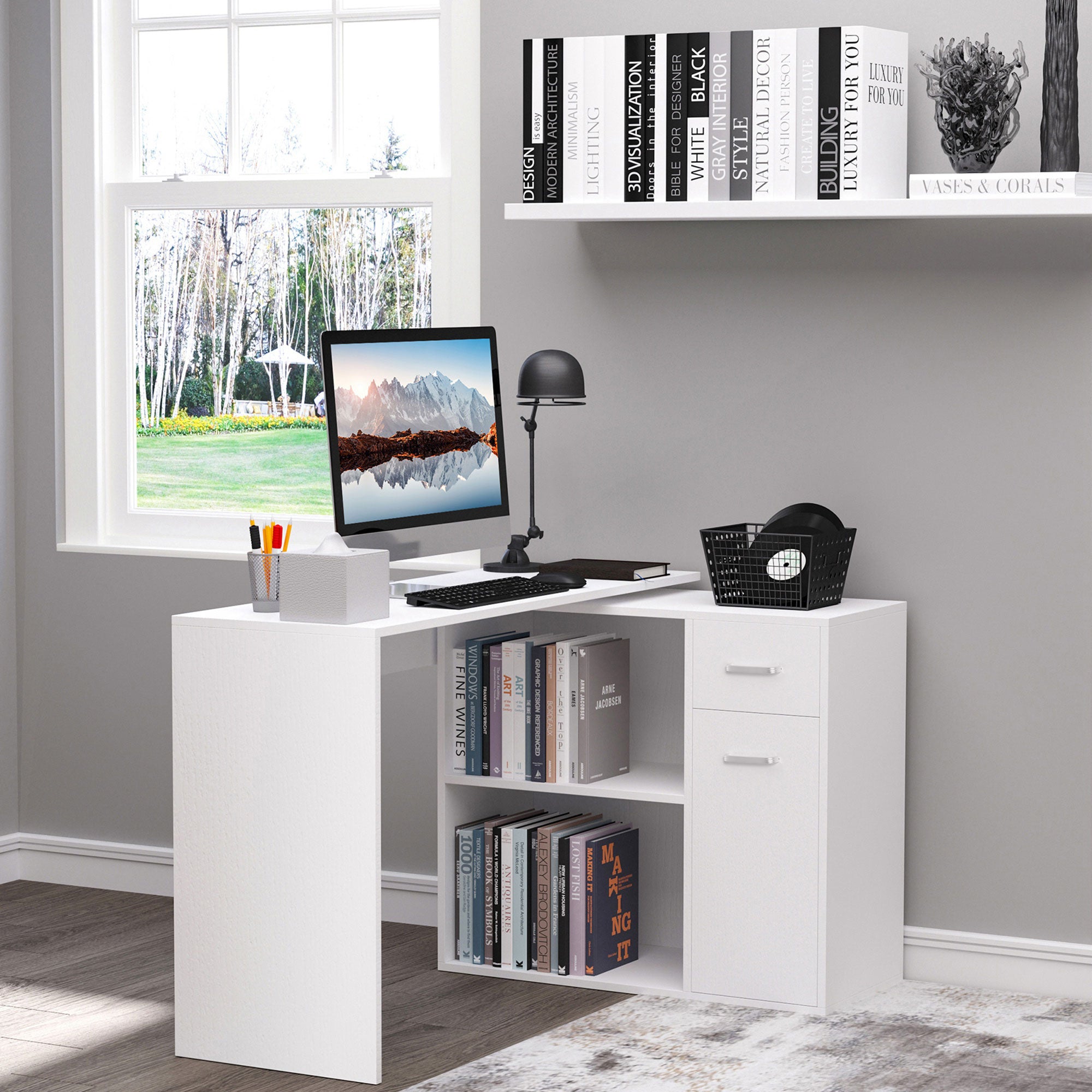 Secretária de Canto Giratória 180º com 2 Prateleiras 1 Gaveta 1 Armário 117x82x74cm Branco