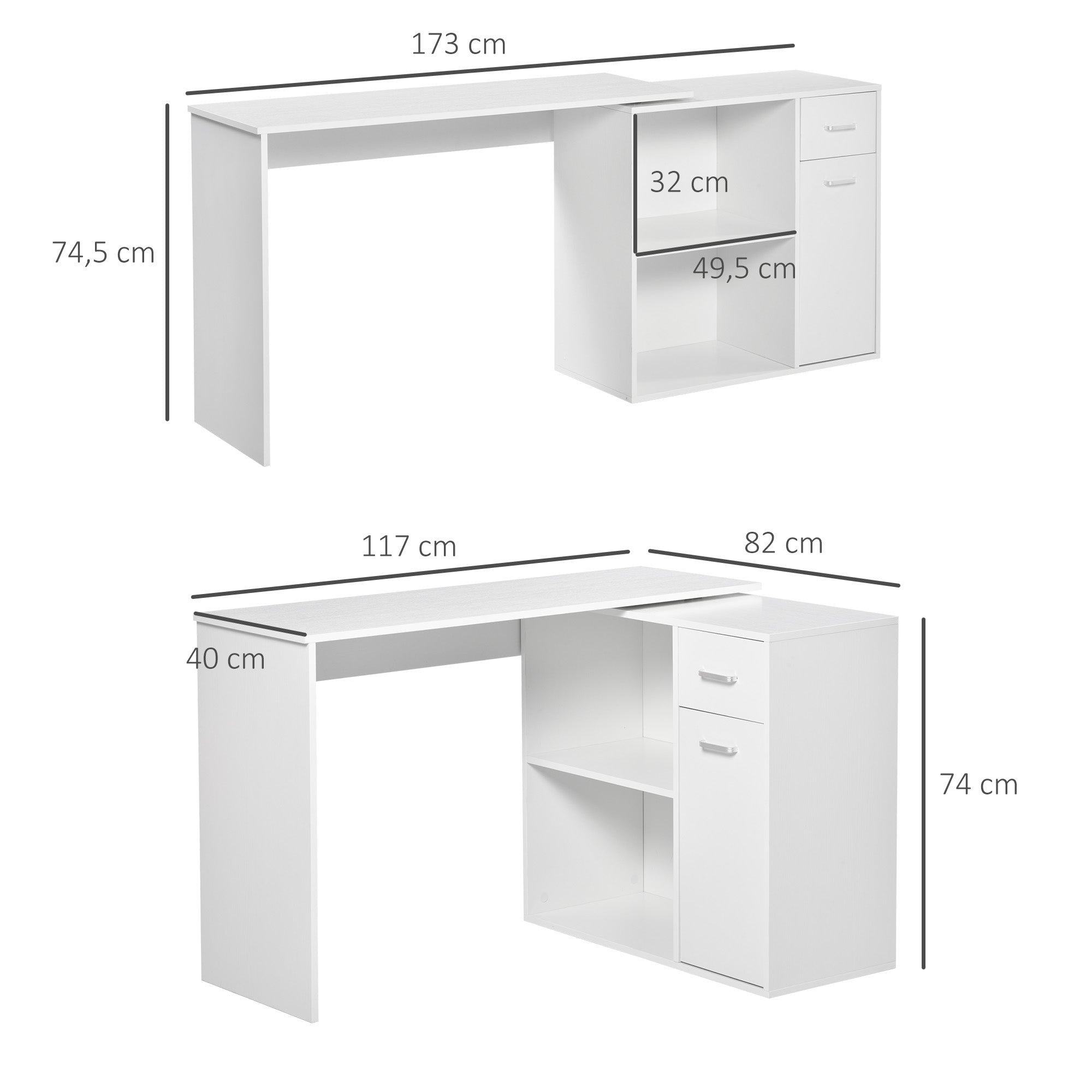 Secretária de Canto Giratória 180º com 2 Prateleiras 1 Gaveta 1 Armário 117x82x74cm Branco