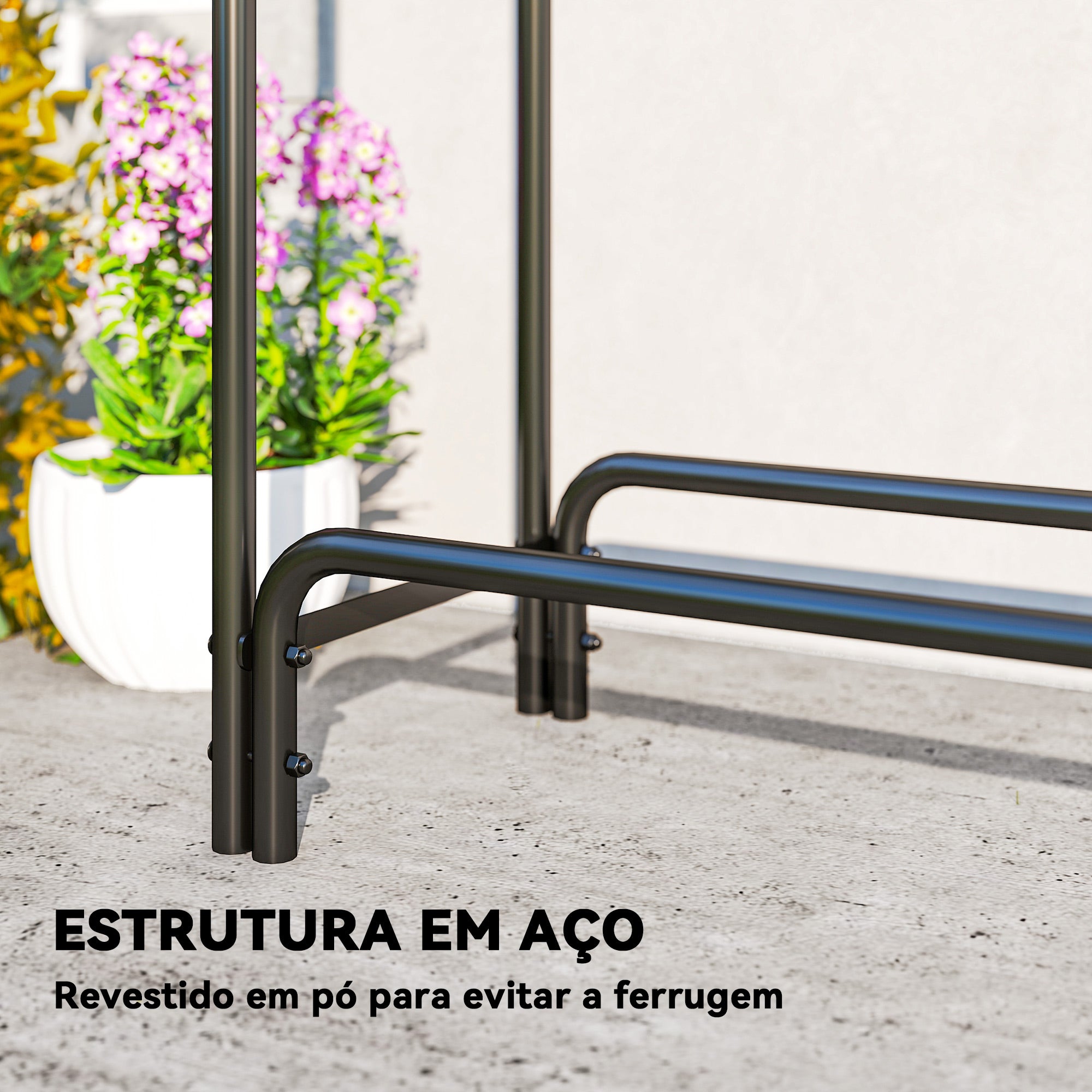 Suporte para Lenha de Metal Ajustável – 200x36x99 cm – Preto – Aço revestido a pó