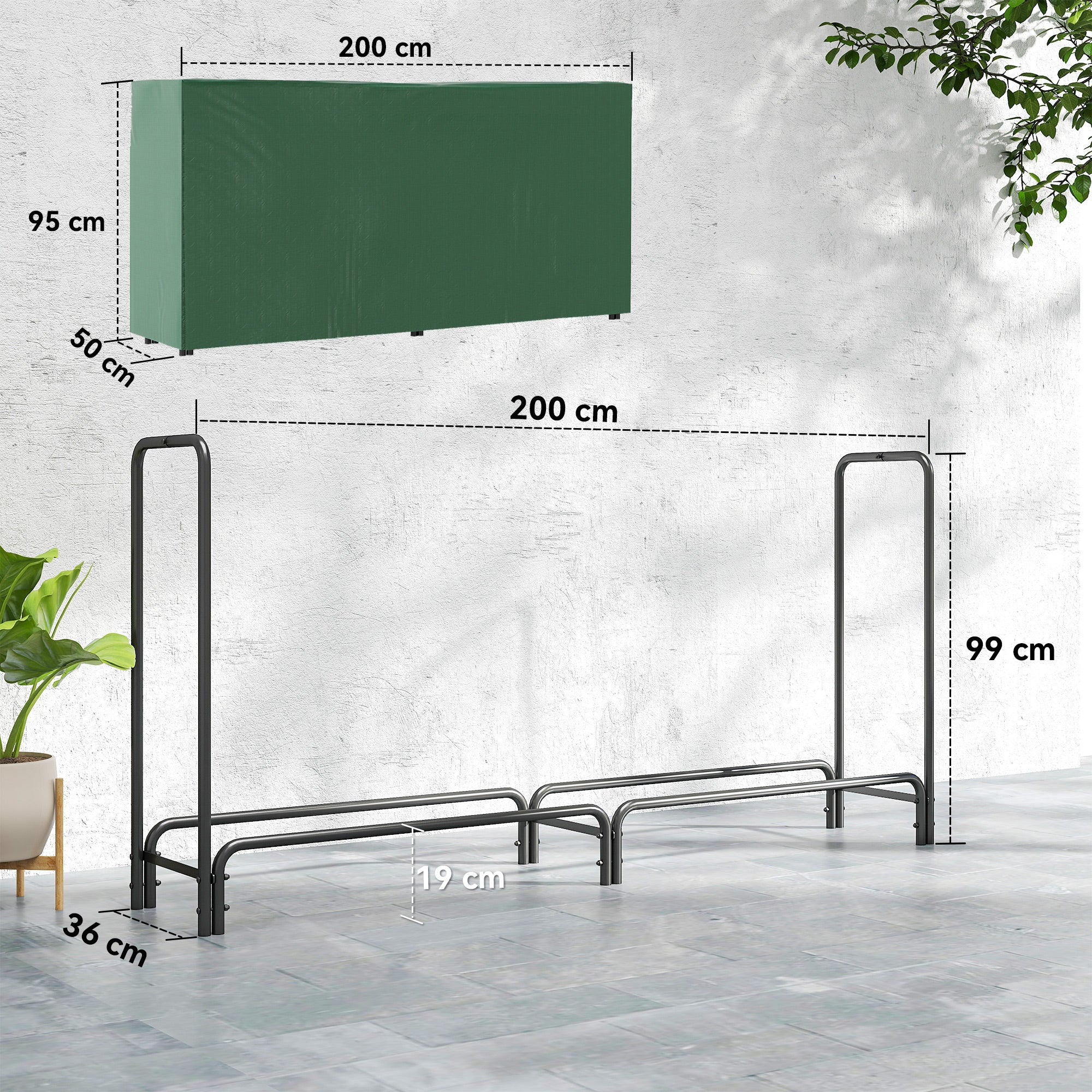 Suporte para Lenha de Metal Ajustável – 200x36x99 cm – Preto – Aço revestido a pó