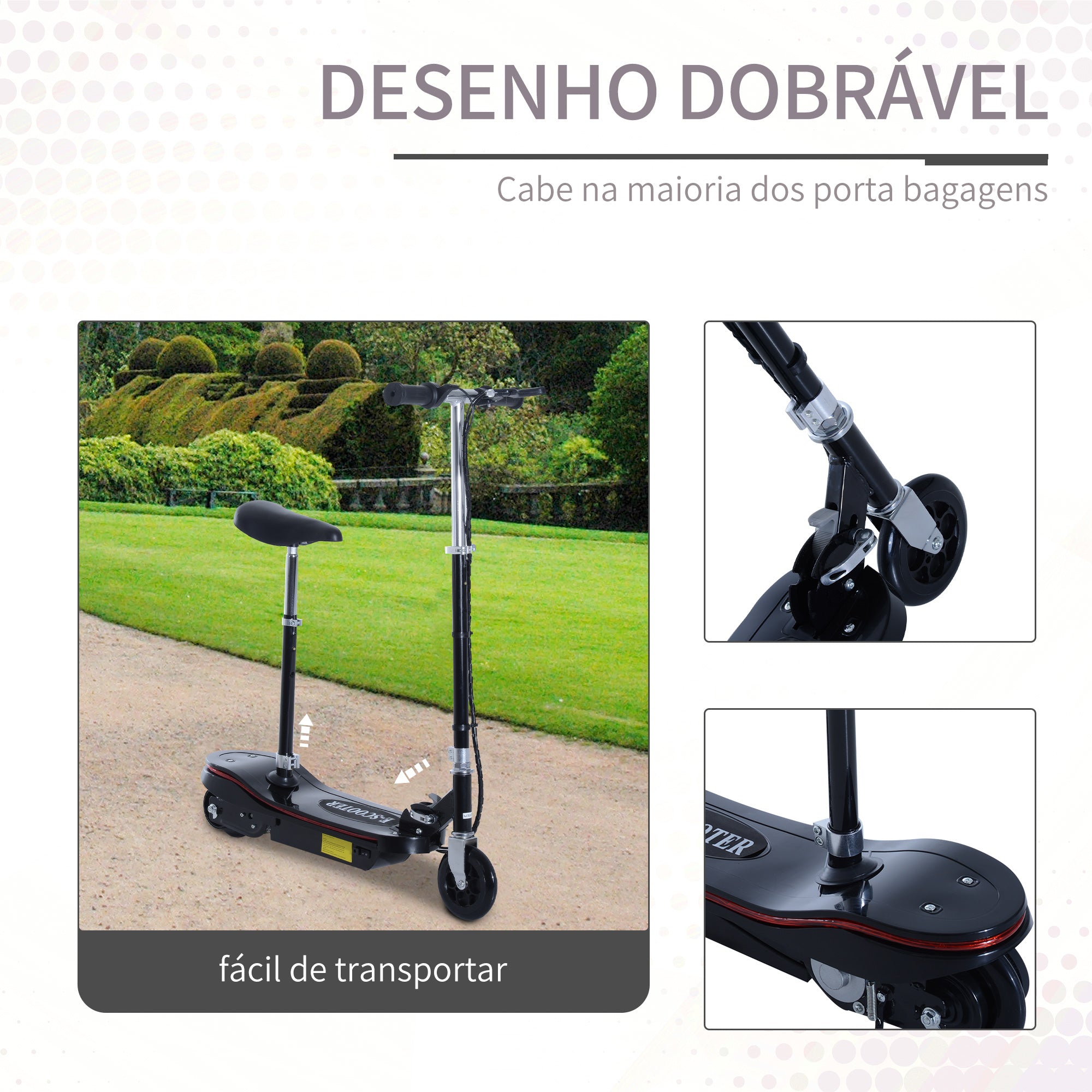 Trotinete Elétrica Dobrável para Crianças e Adolescentes - Preto 76x38x96 cm