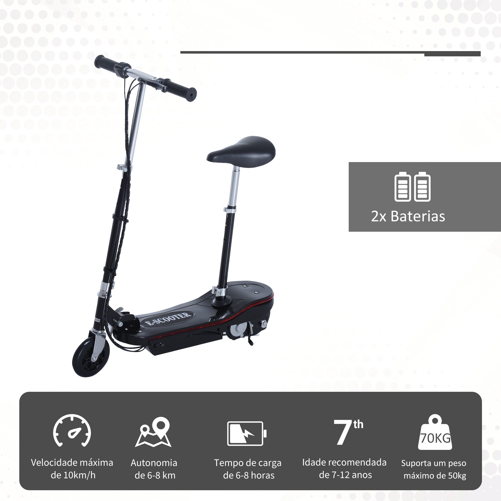 Trotinete Elétrica Dobrável para Crianças e Adolescentes - Preto 76x38x96 cm