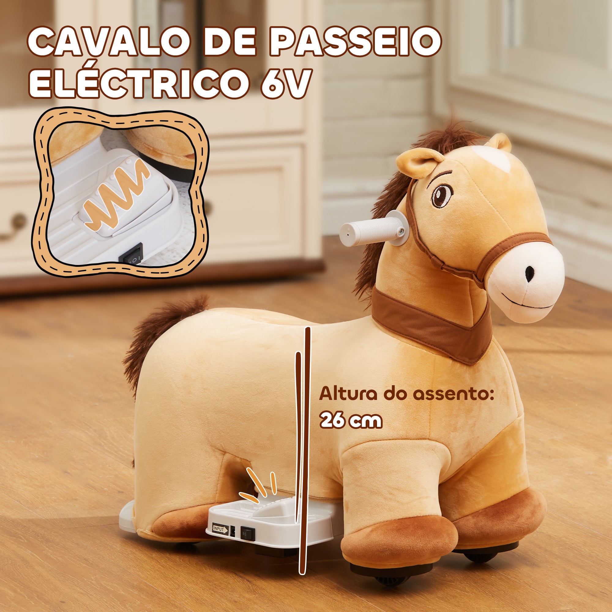 Cavalo Elétrico para Crianças - 69x34x53 cm - Marrom