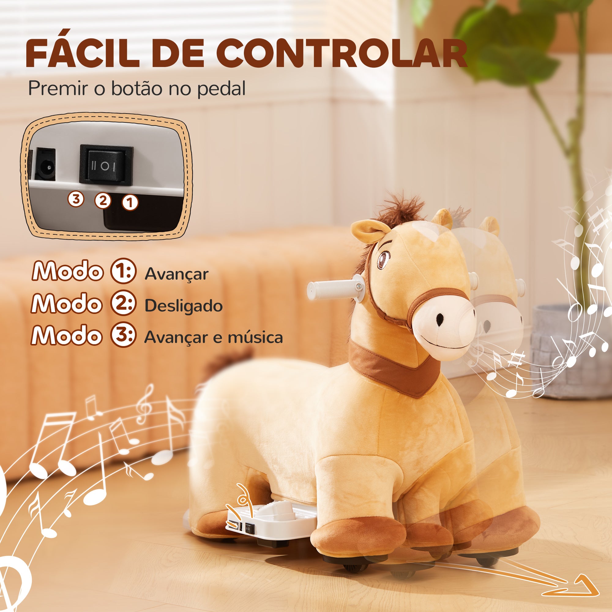 Cavalo Elétrico para Crianças - 69x34x53 cm - Marrom