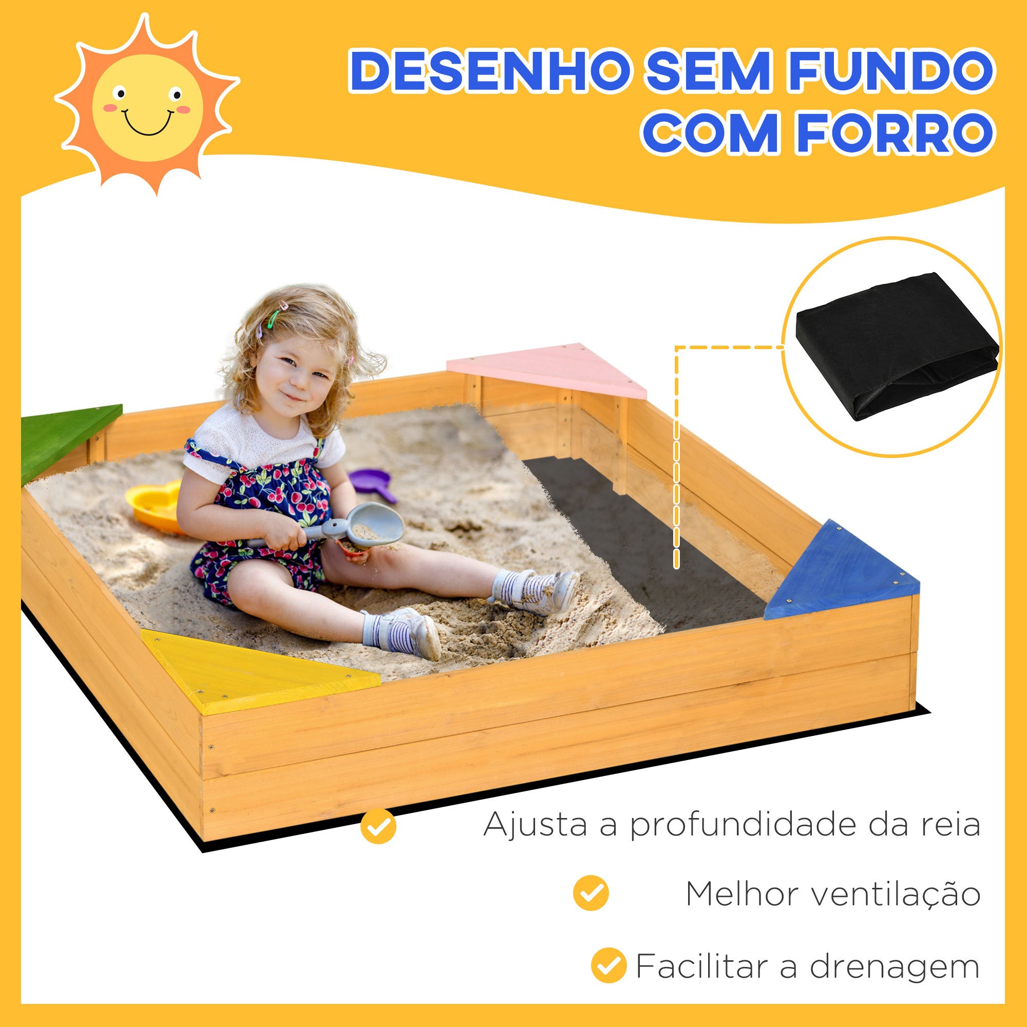 Caixa de Areia para Crianças – 109x109x19,8 cm – Cor de Madeira Natural