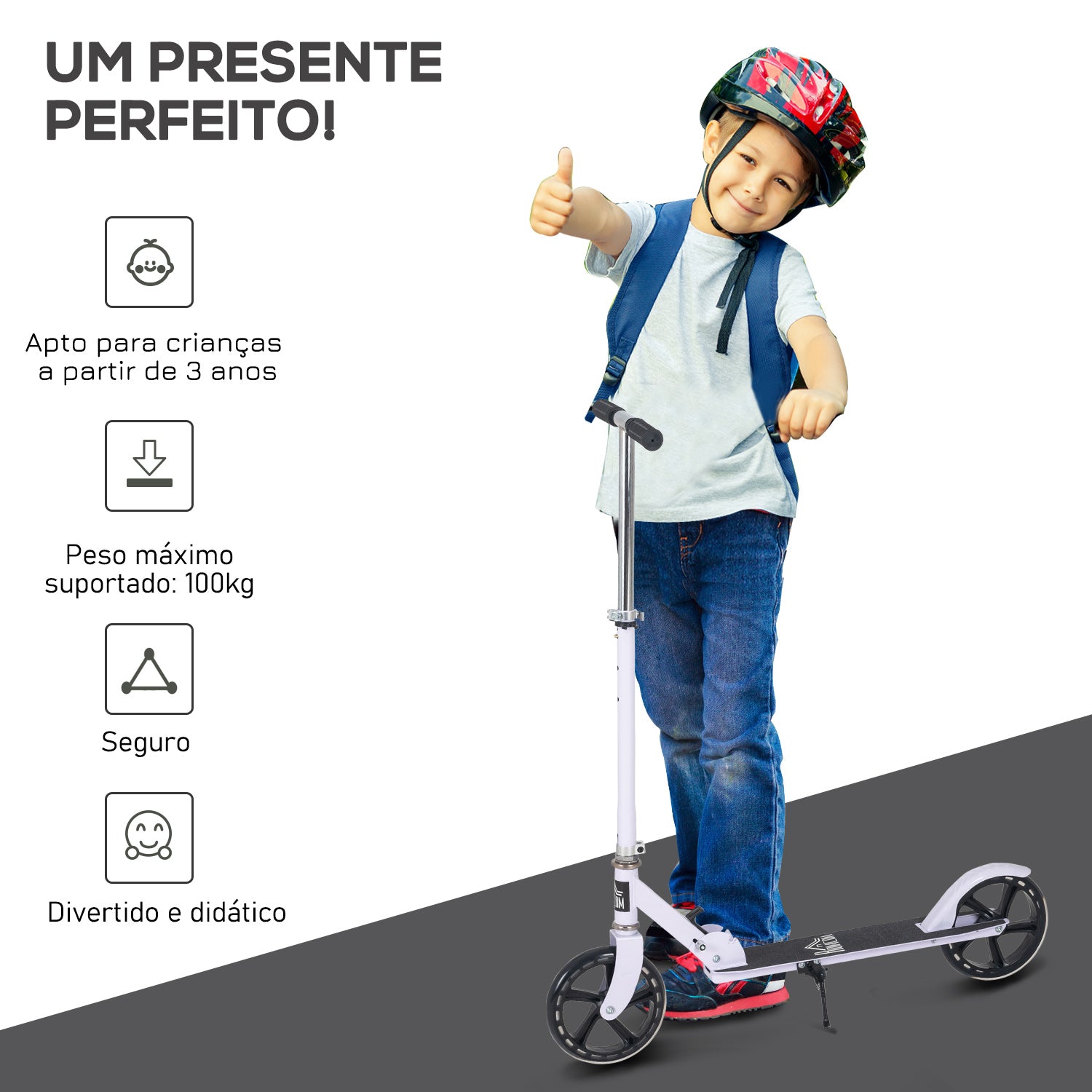 Trotinete Infantil Dobrável 88x37x75-100cm - Cor Branco