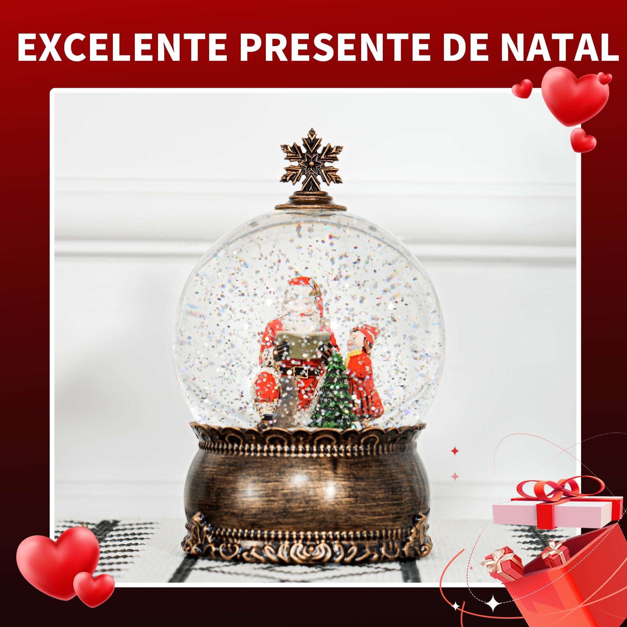 Globo de Neve Natalino – 12x12x18,6 cm – Bronze e Multicor – Acrílico e Plástico
