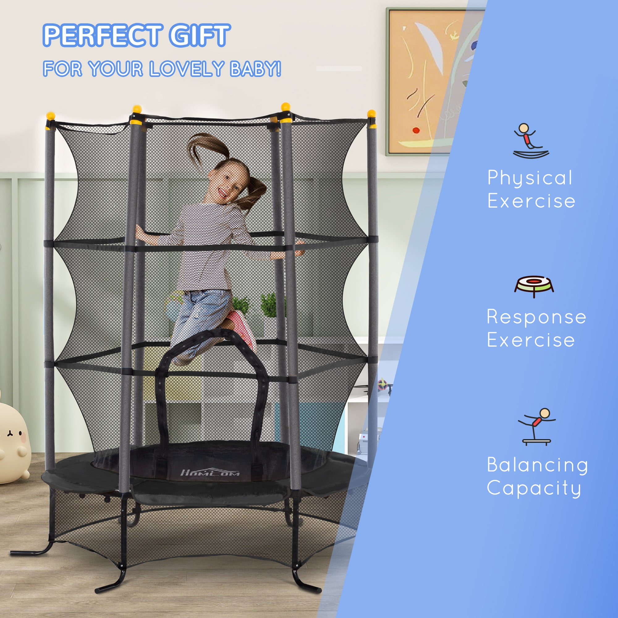 Trampolim Infantil Ø163x190 cm Preto com Rede de Segurança e Estrutura de Aço