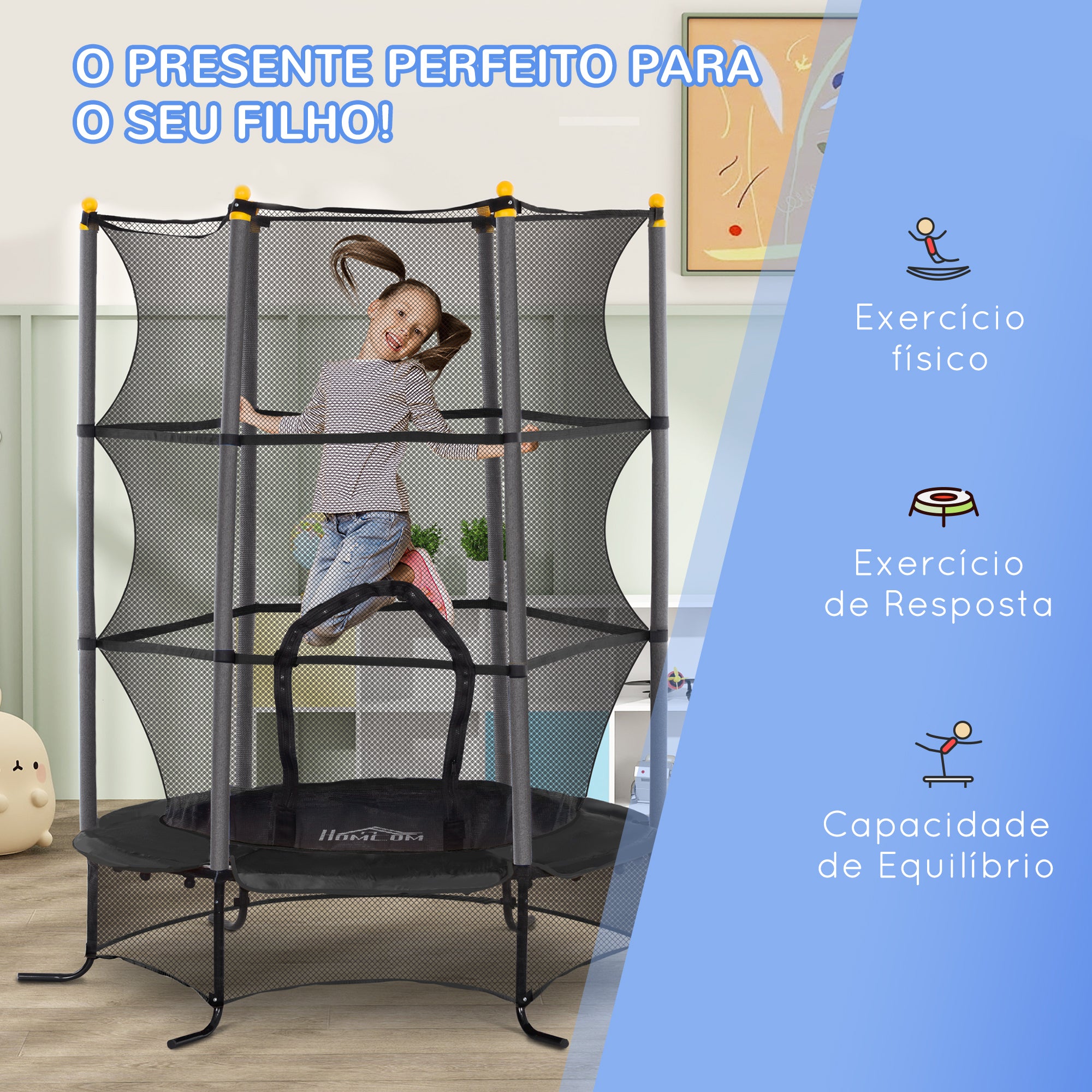 Trampolim Infantil Ø163x190 cm Preto com Rede de Segurança e Estrutura de Aço