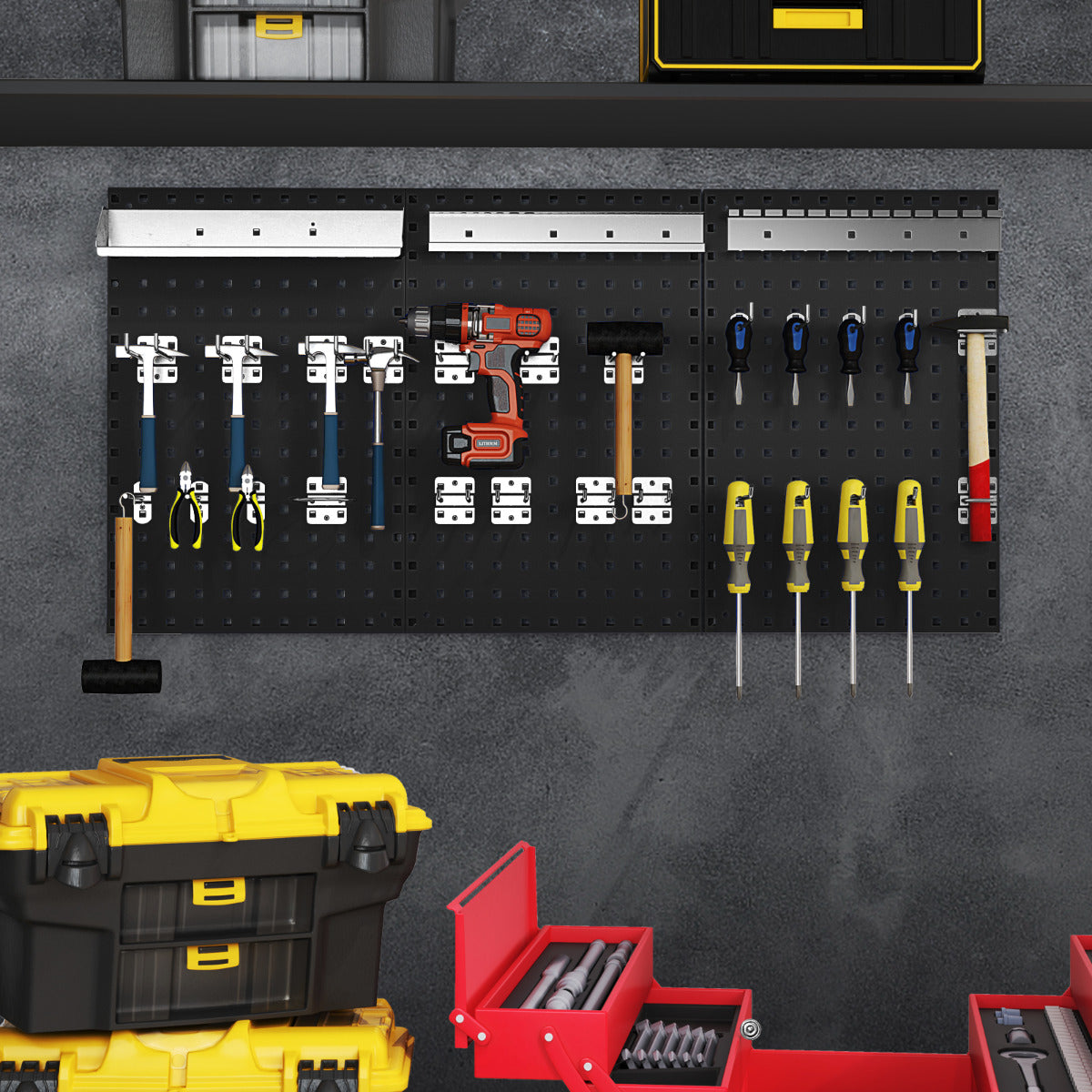 Kit de Painel Perfurado Montado na Parede para Organização de Ferramentas com 3 Painéis e 28 Acessórios para Garagem Oficina Preto
