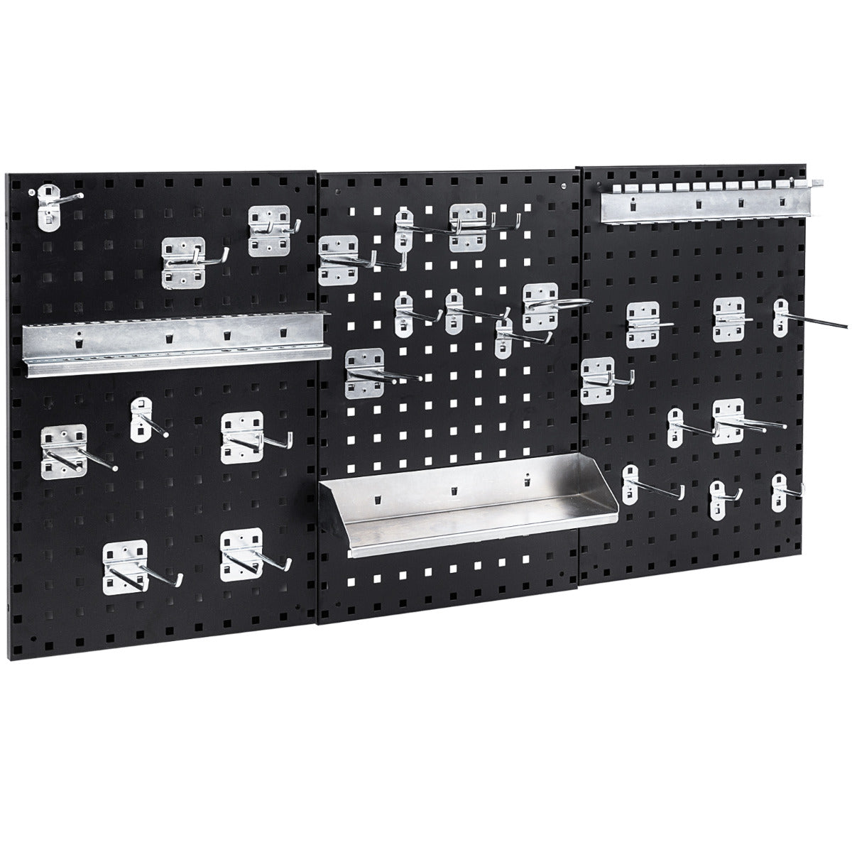 Kit de Painel Perfurado Montado na Parede para Organização de Ferramentas com 3 Painéis e 28 Acessórios para Garagem Oficina Preto