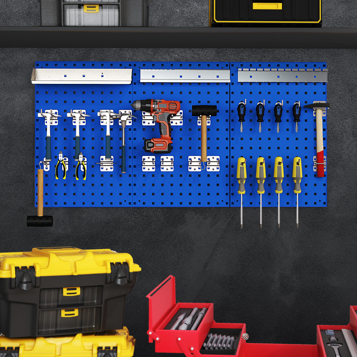 Kit de Painel Perfurado Montado na Parede para Organização de Ferramentas com 3 Painéis e 28 Acessórios para Garagem Oficina Azul