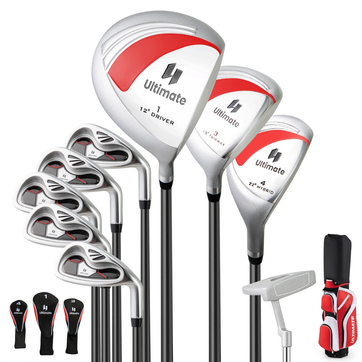 Conjunto Completo de Golfe Feminino com 460CC 1 Driver 3 Fairway 4 Híbrido 6 7 8 9 & P Ferros e Putter Set de Golfe Vermelho