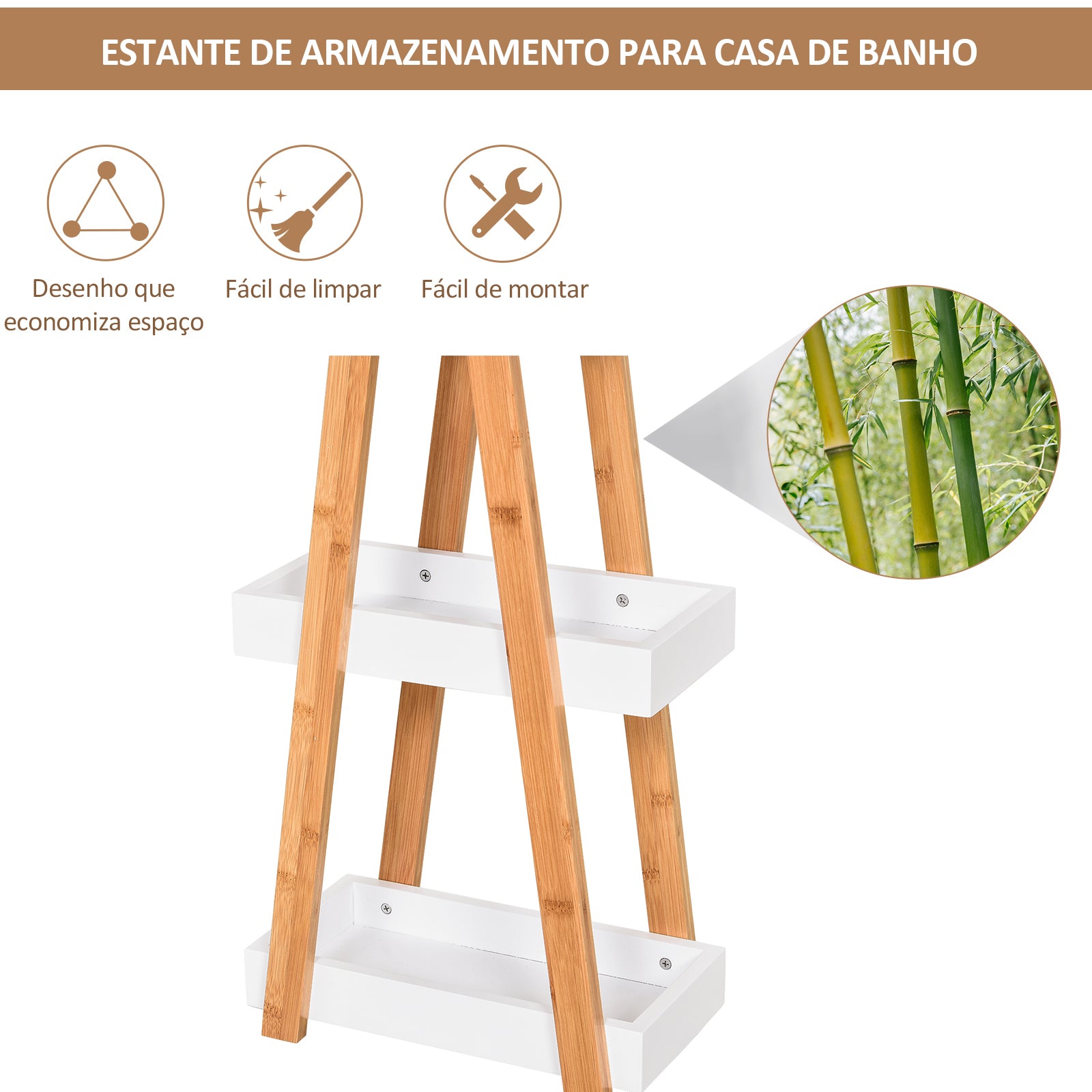 Estante de Bambú para Casa de Banho 30x18x81cm - Madeira Natural e Branco