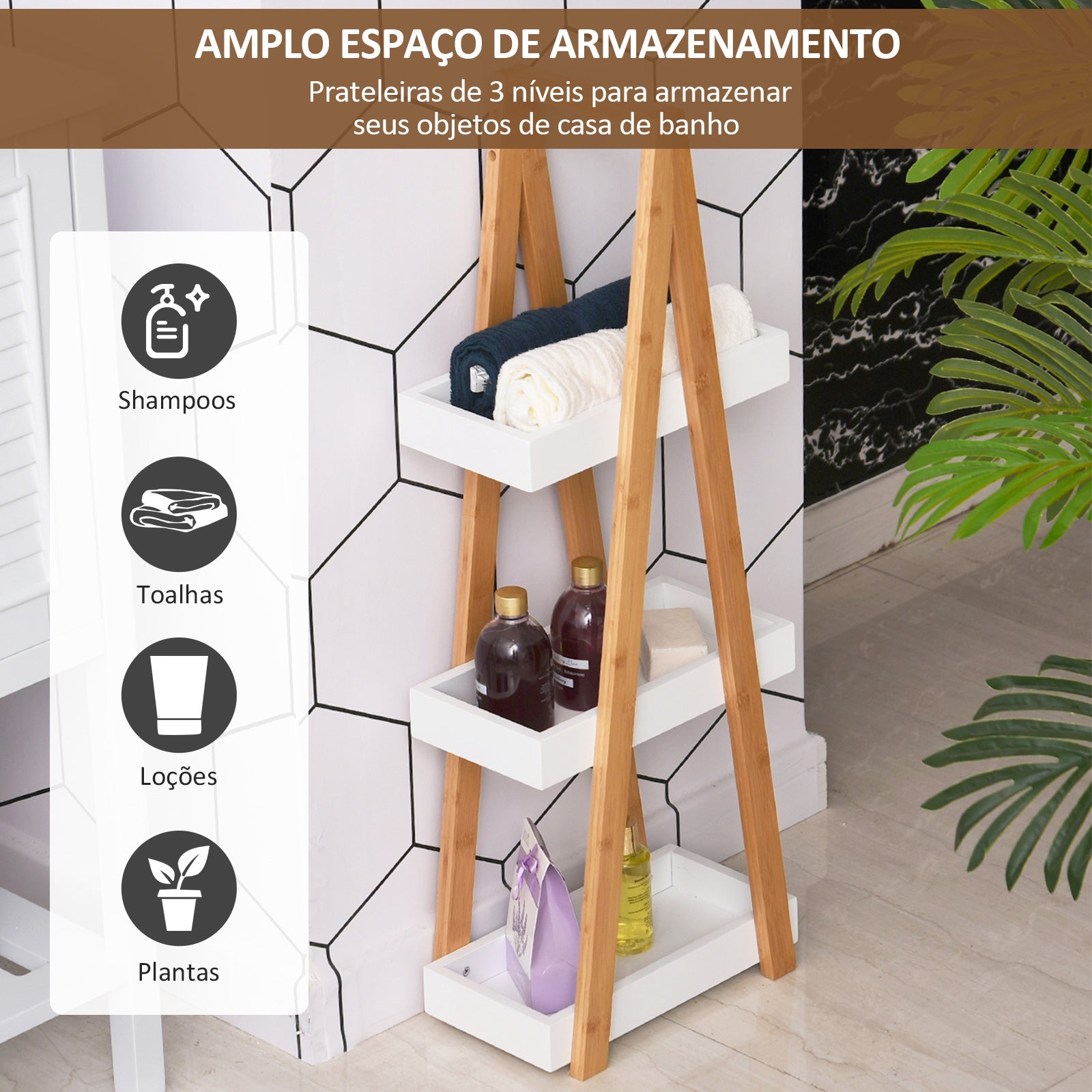 Estante de Bambú para Casa de Banho 30x18x81cm - Madeira Natural e Branco