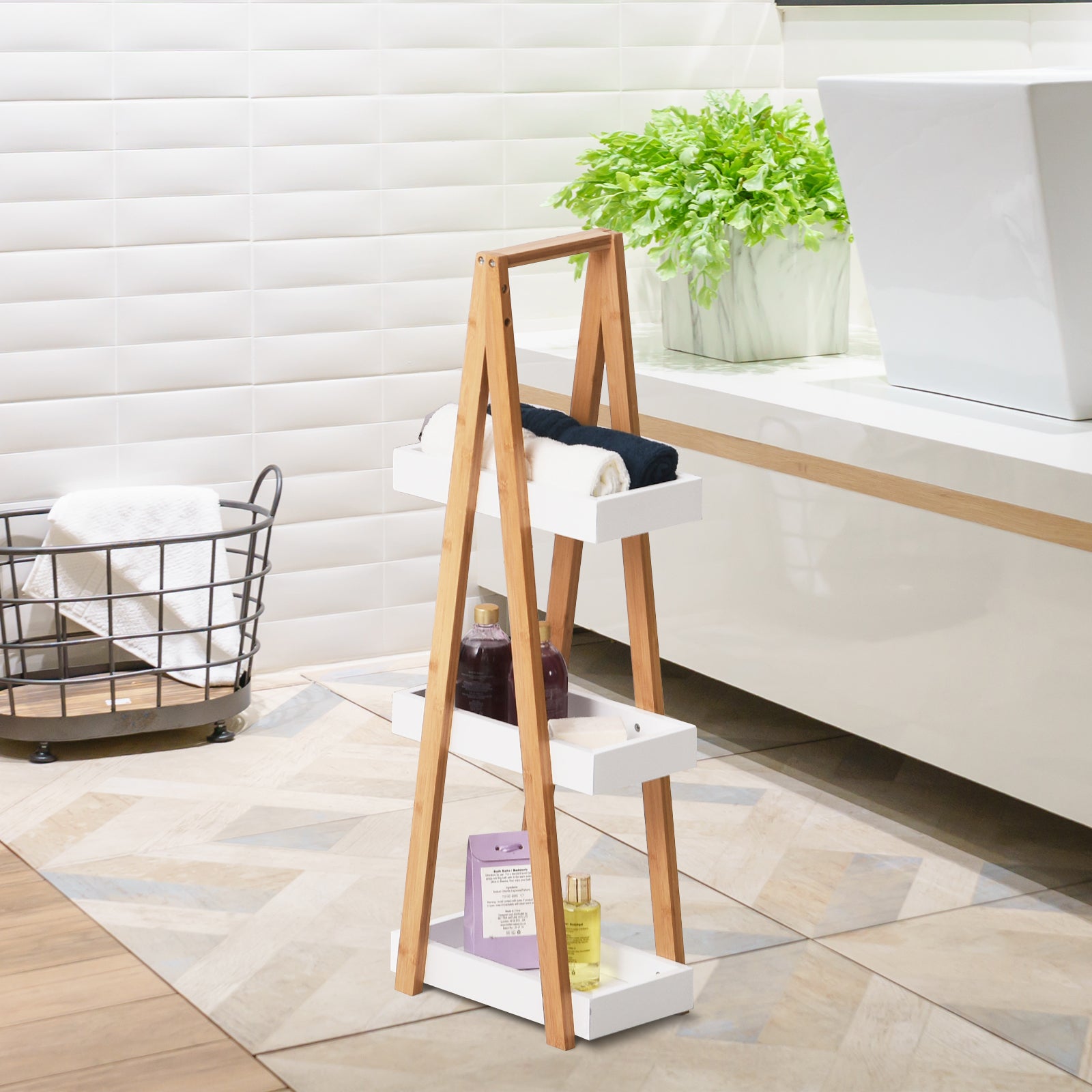 Estante de Bambú para Casa de Banho 30x18x81cm - Madeira Natural e Branco