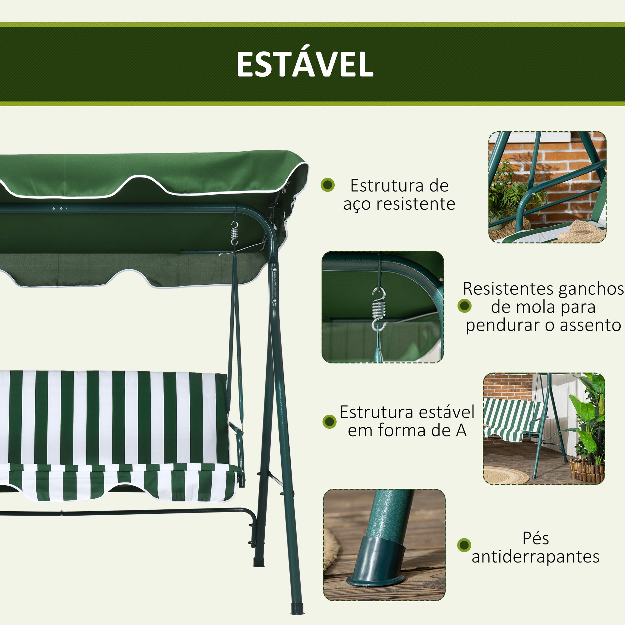 Baloiço de Jardim 3 Lugares 172x110x153cm Verde e Branco
