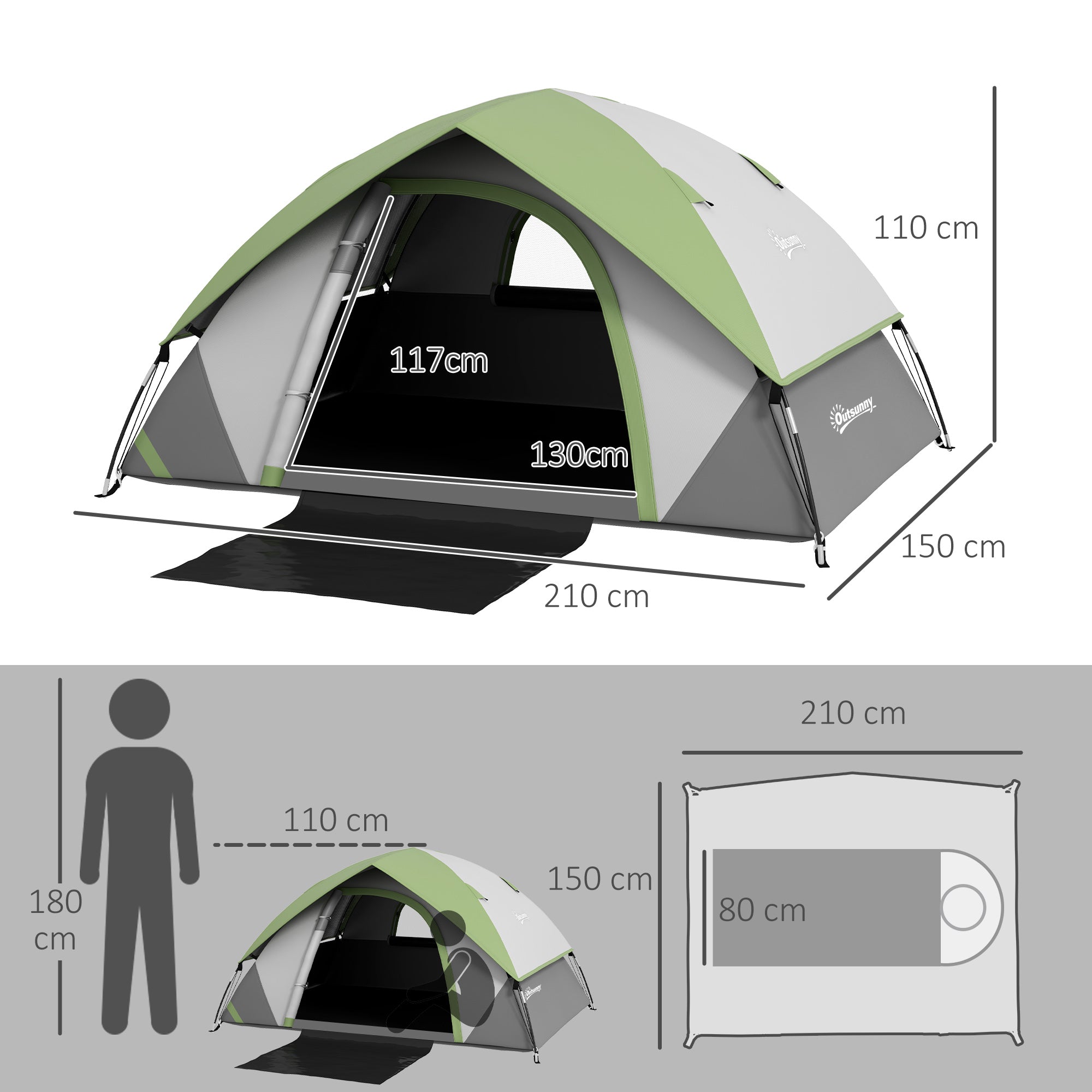 Tenda de Campismo para 1-2 Pessoas 210x150x110 cm Cinza e Verde