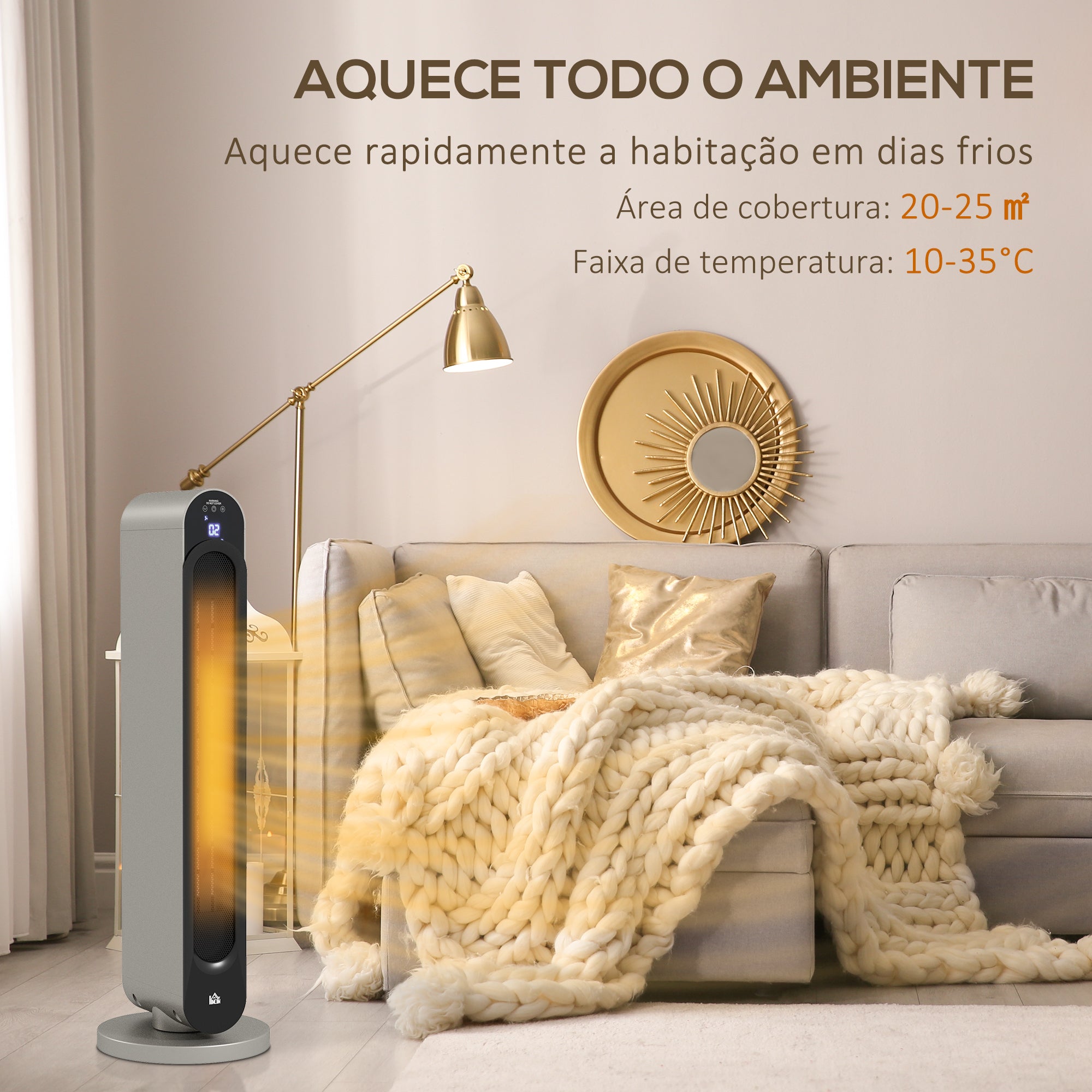 Aquecedor de Torre Cerâmico 2200W Ø25x73,5cm Prata e Preto