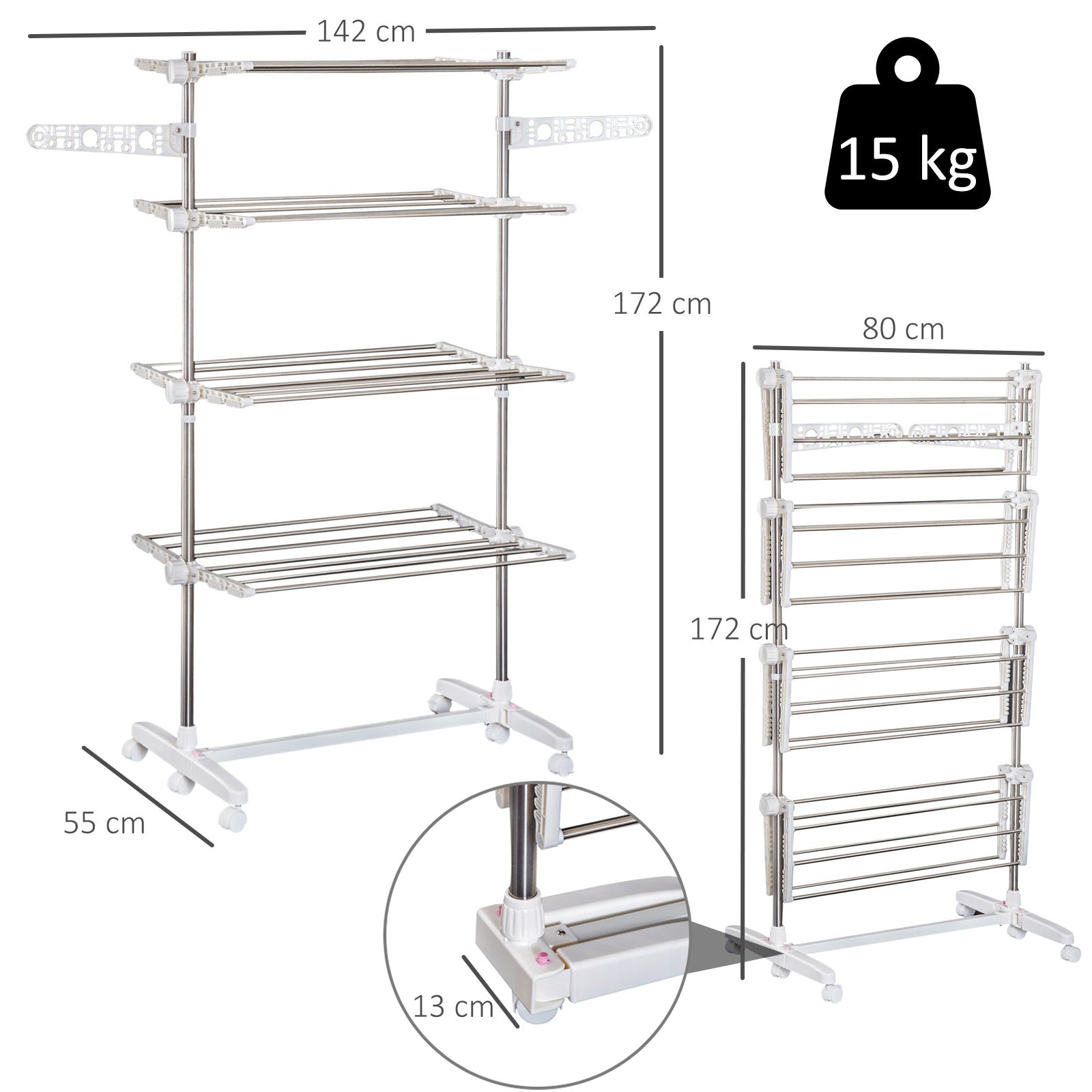 Estendal de Roupa Vertical Dobrável 142x55x172 cm Branco e Prata
