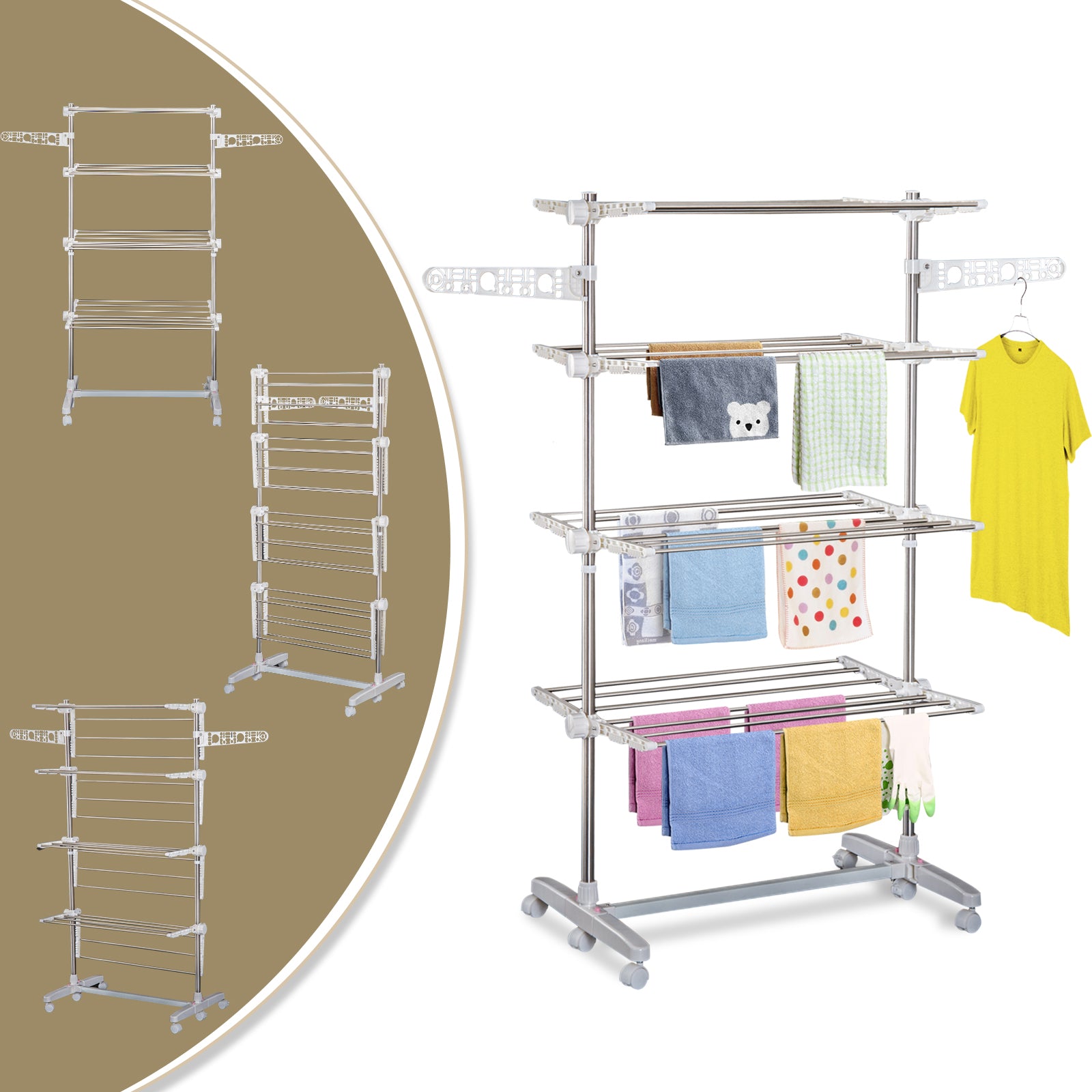 Estendal de Roupa Vertical Dobrável 142x55x172 cm Branco e Prata