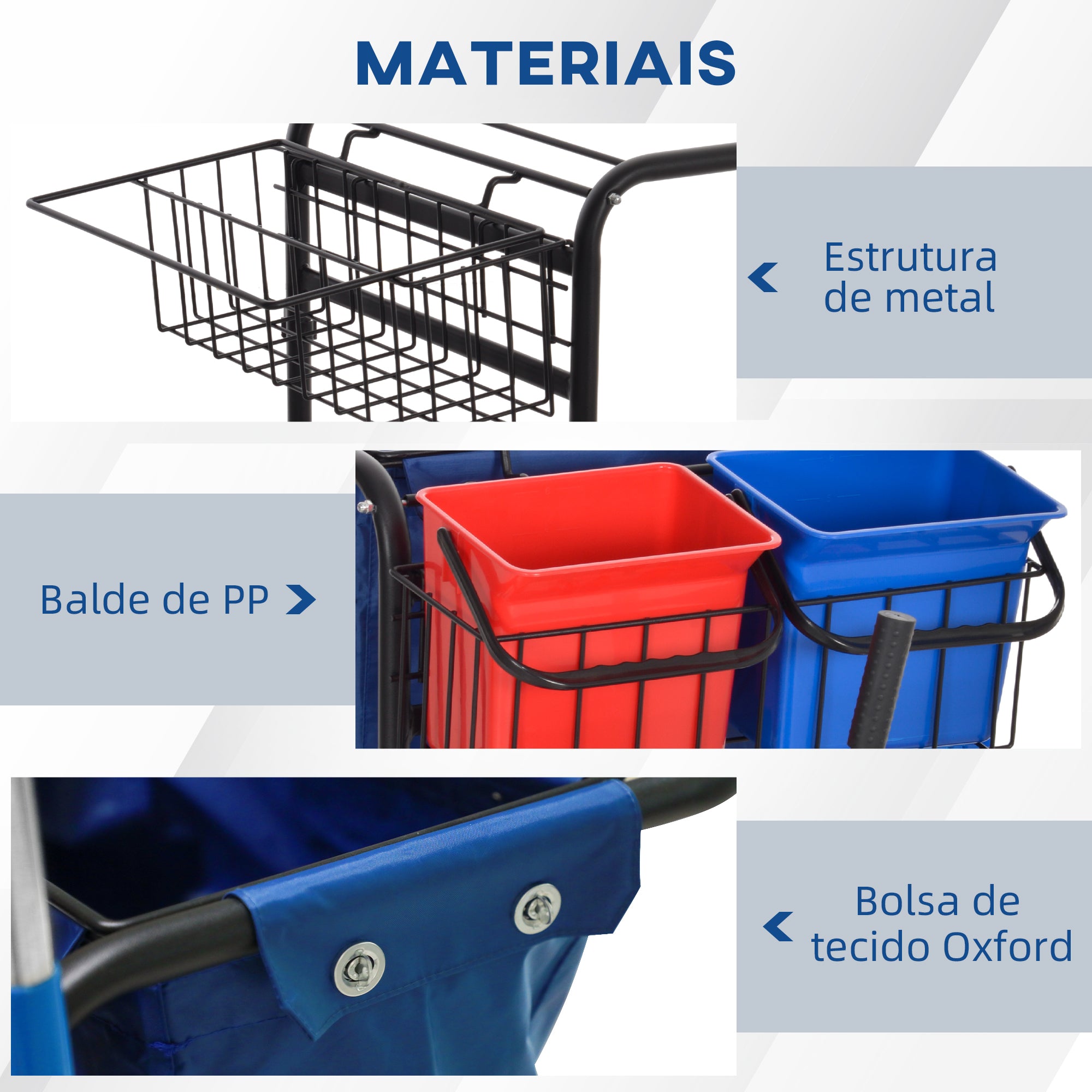 Carrinho de Limpeza Profissional com Balde Duplo Removível 18L Vermelho e Azul 93x80x97 cm