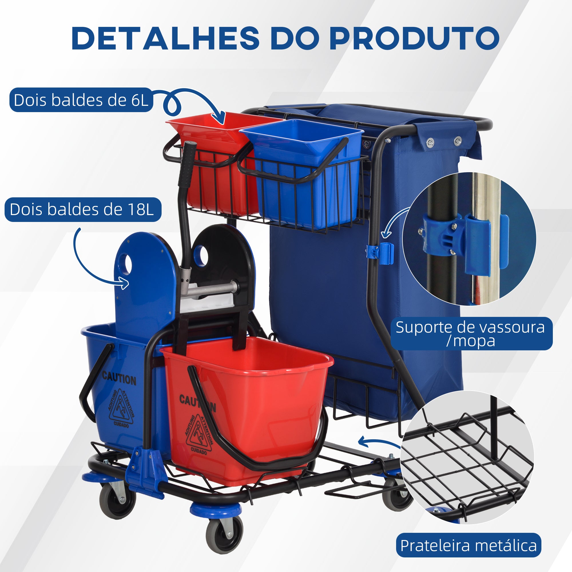 Carrinho de Limpeza Profissional com Balde Duplo Removível 18L Vermelho e Azul 93x80x97 cm