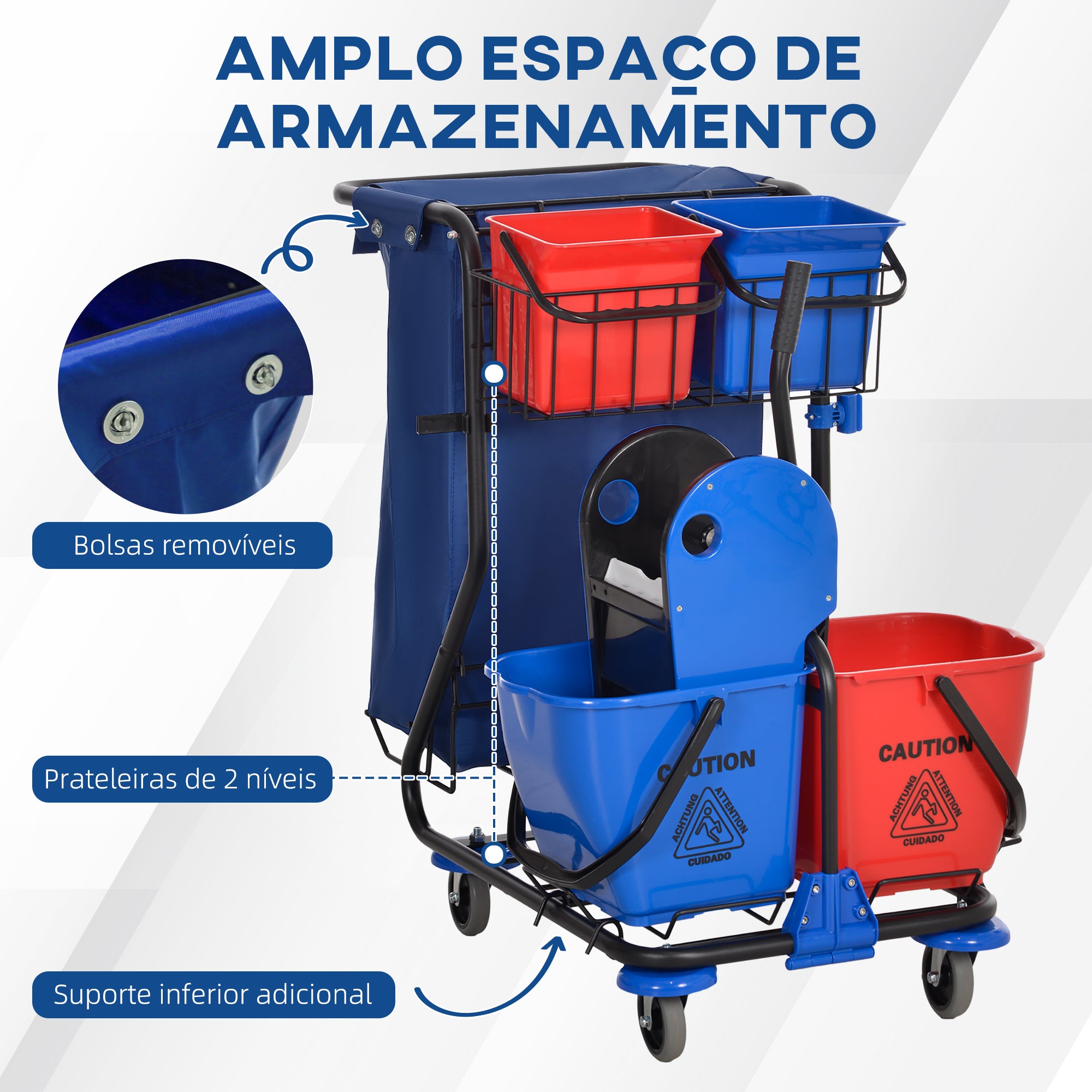 Carrinho de Limpeza Profissional com Balde Duplo Removível 18L Vermelho e Azul 93x80x97 cm
