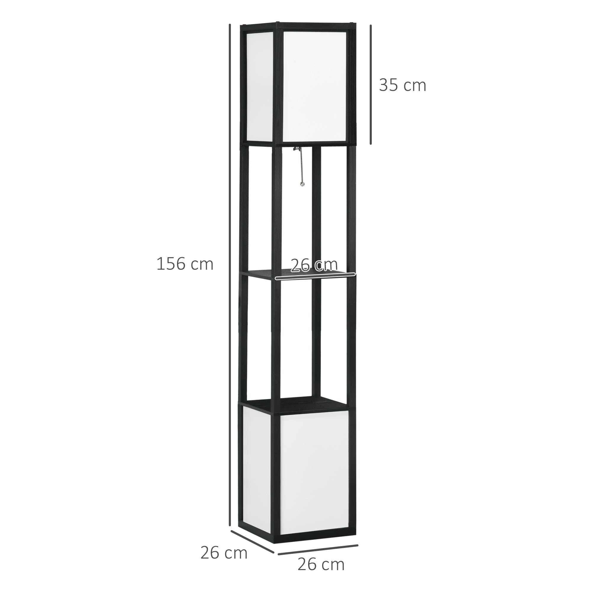 Candeeiro de Pé Moderno com Prateleira de Armazenamento – 26x26x156 cm – Branco e Preto – MDF, Plástico e Tecido TC