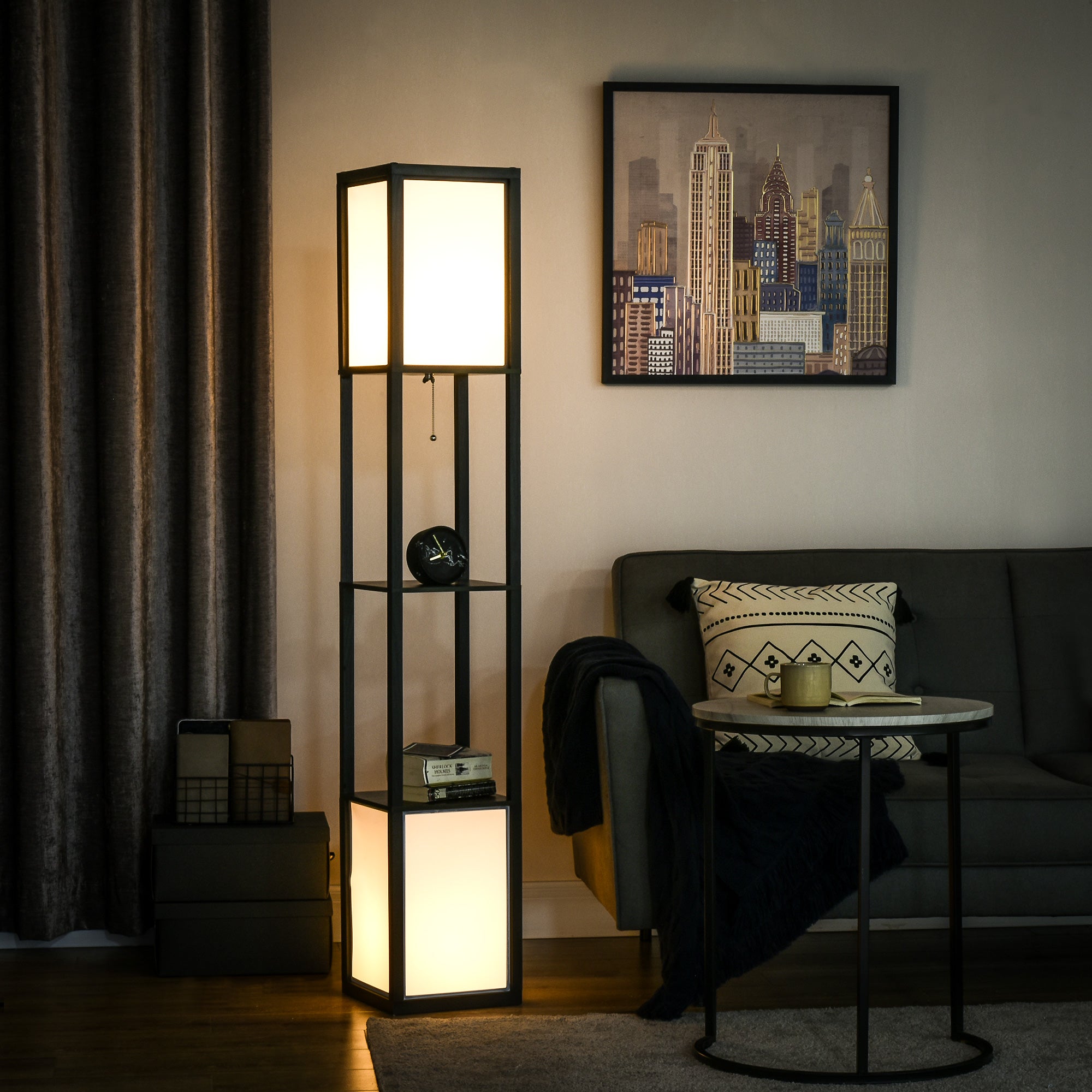 Candeeiro de Pé Moderno com Prateleira de Armazenamento – 26x26x156 cm – Branco e Preto – MDF, Plástico e Tecido TC