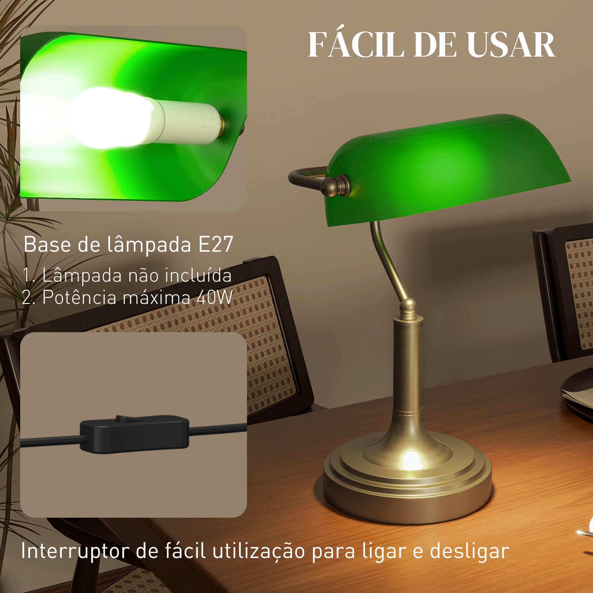 Candeeiro de Mesa Vintage Verde 26,8x22x39,5 cm - Estilo Clássico Banqueiro
