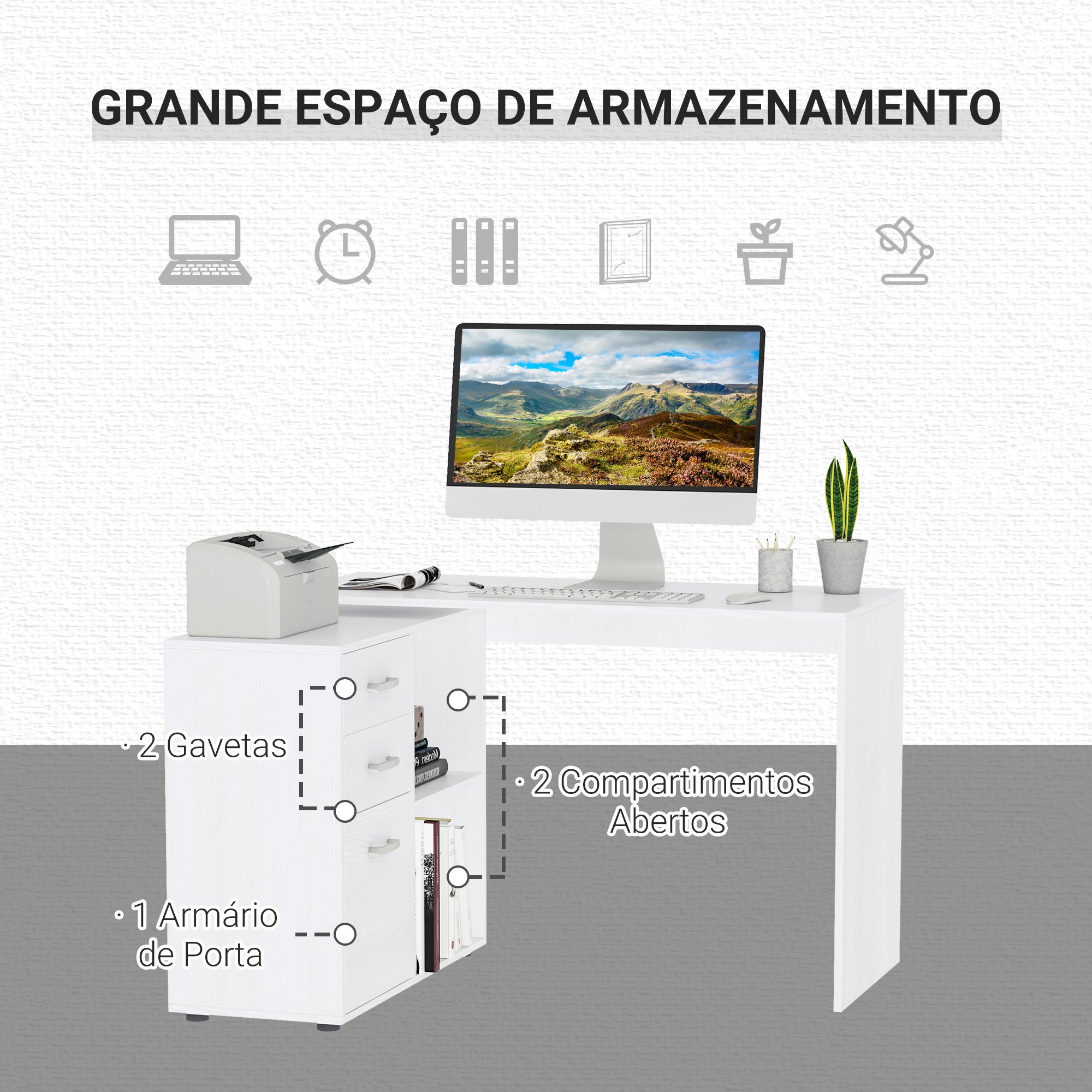 Secretária de Canto Branca 117x83,5x76cm - 2 Prateleiras Abertas e 3 Gavetas
