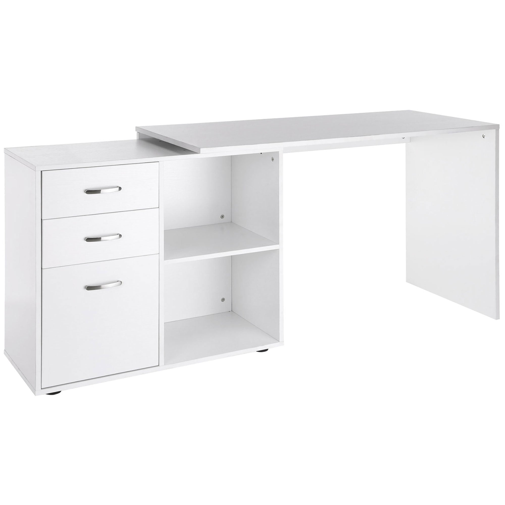 Secretária de Canto Branca 117x83,5x76cm - 2 Prateleiras Abertas e 3 Gavetas