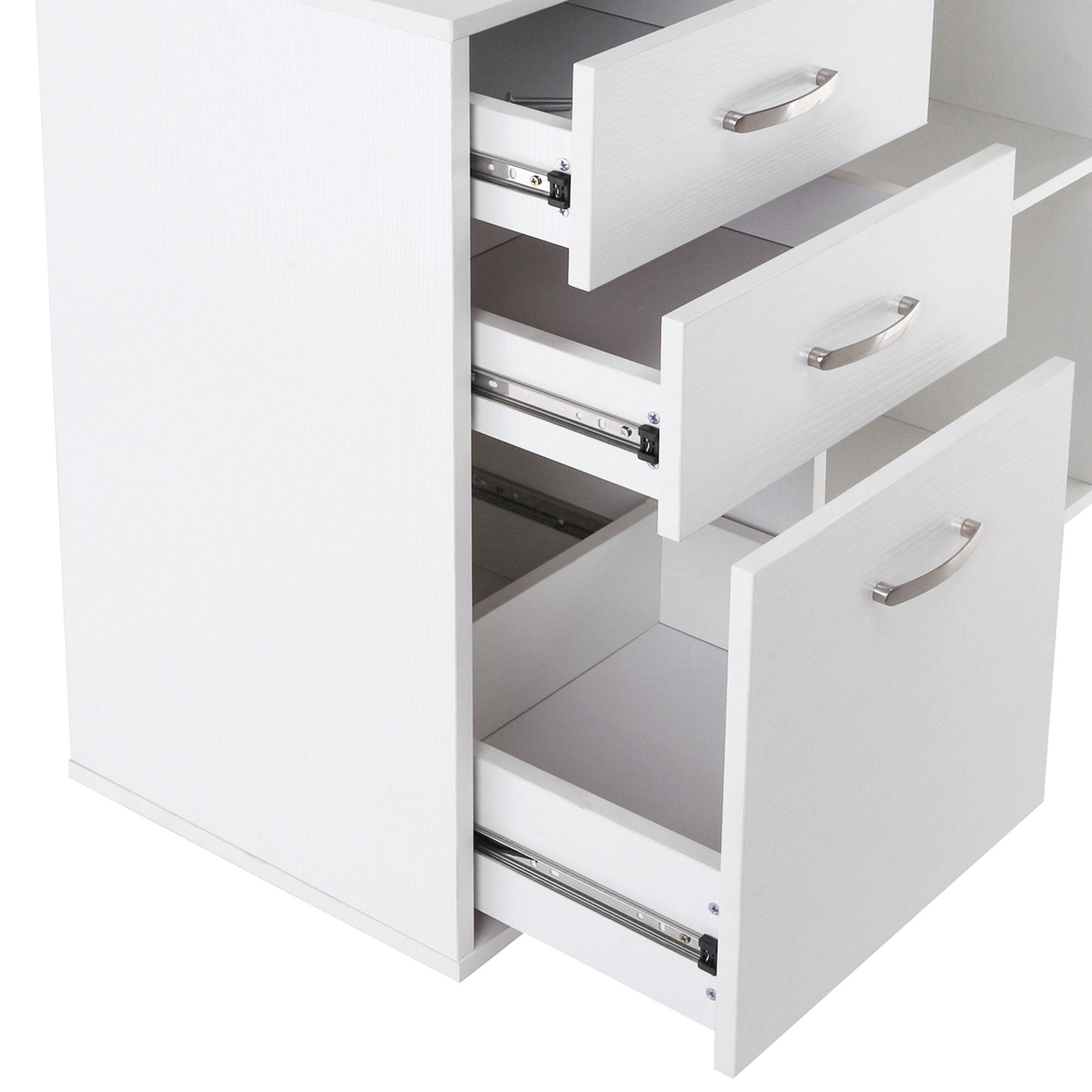 Secretária de Canto Branca 117x83,5x76cm - 2 Prateleiras Abertas e 3 Gavetas