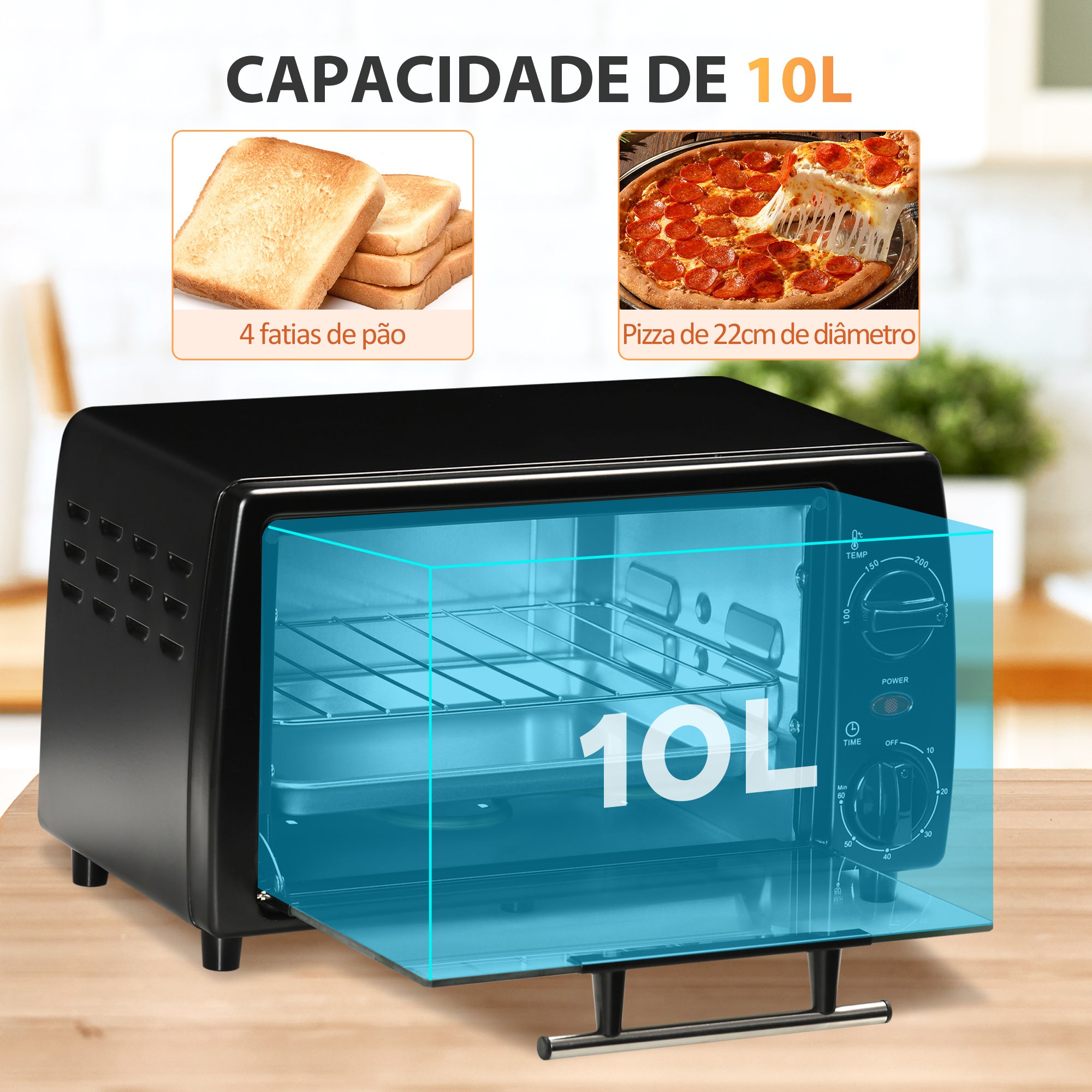 Mini Forno Elétrico – 10 Litros – Preto – Metal e vidro temperado